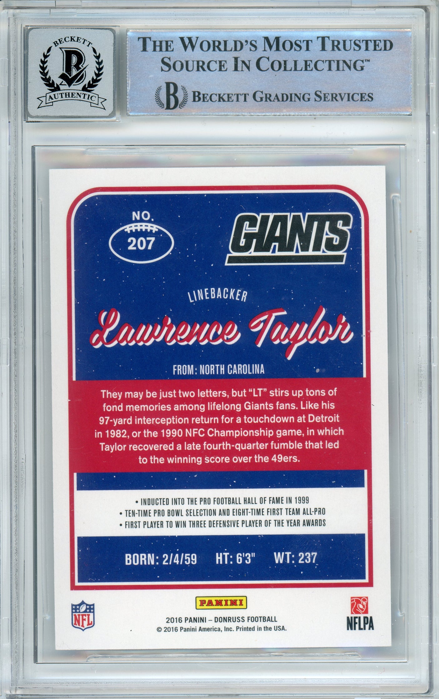 2016 Panini Donruss #207 Lawrence Taylor New York Giants BGS Autograph 10