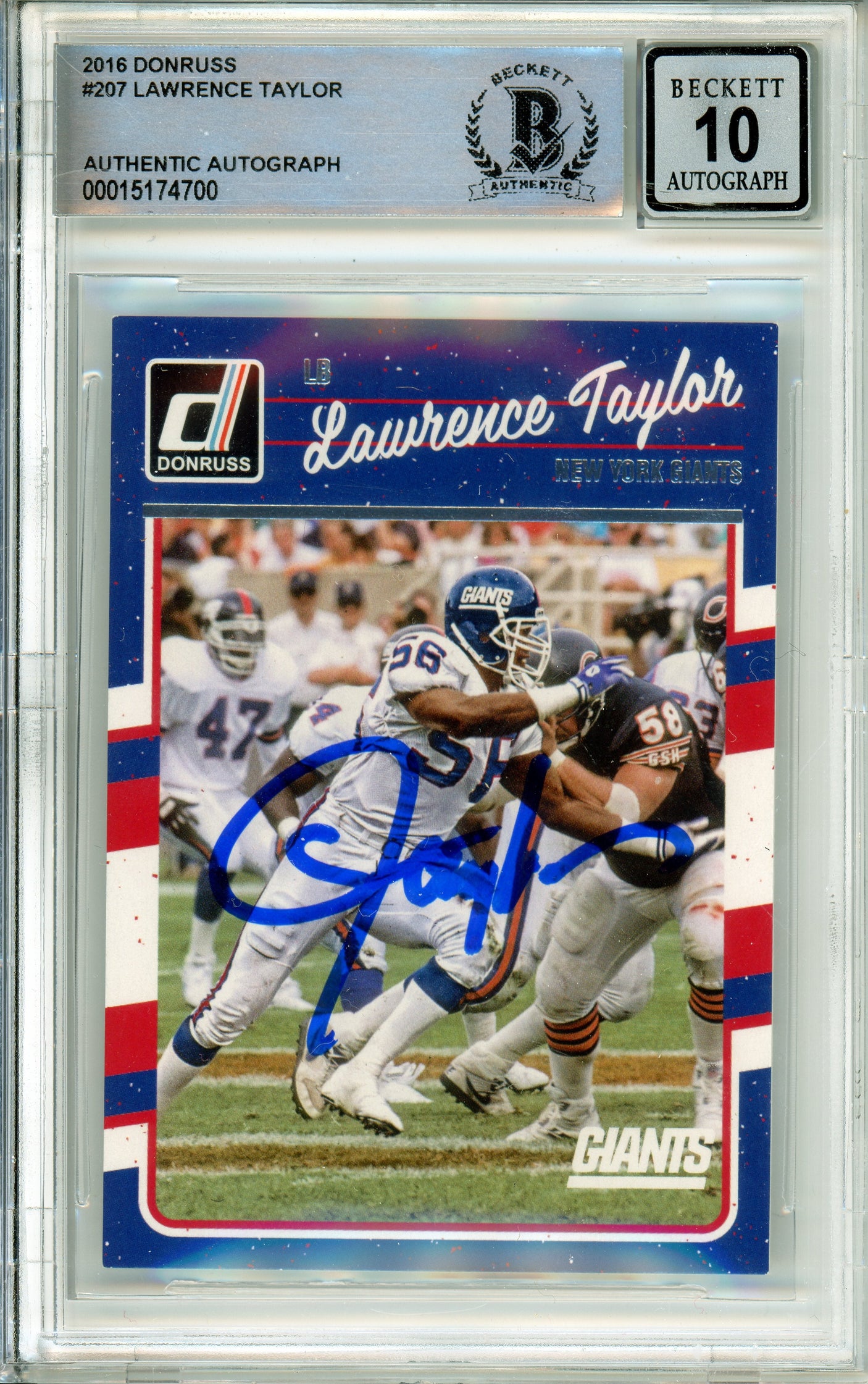 2016 Panini Donruss #207 Lawrence Taylor New York Giants BGS Autograph 10