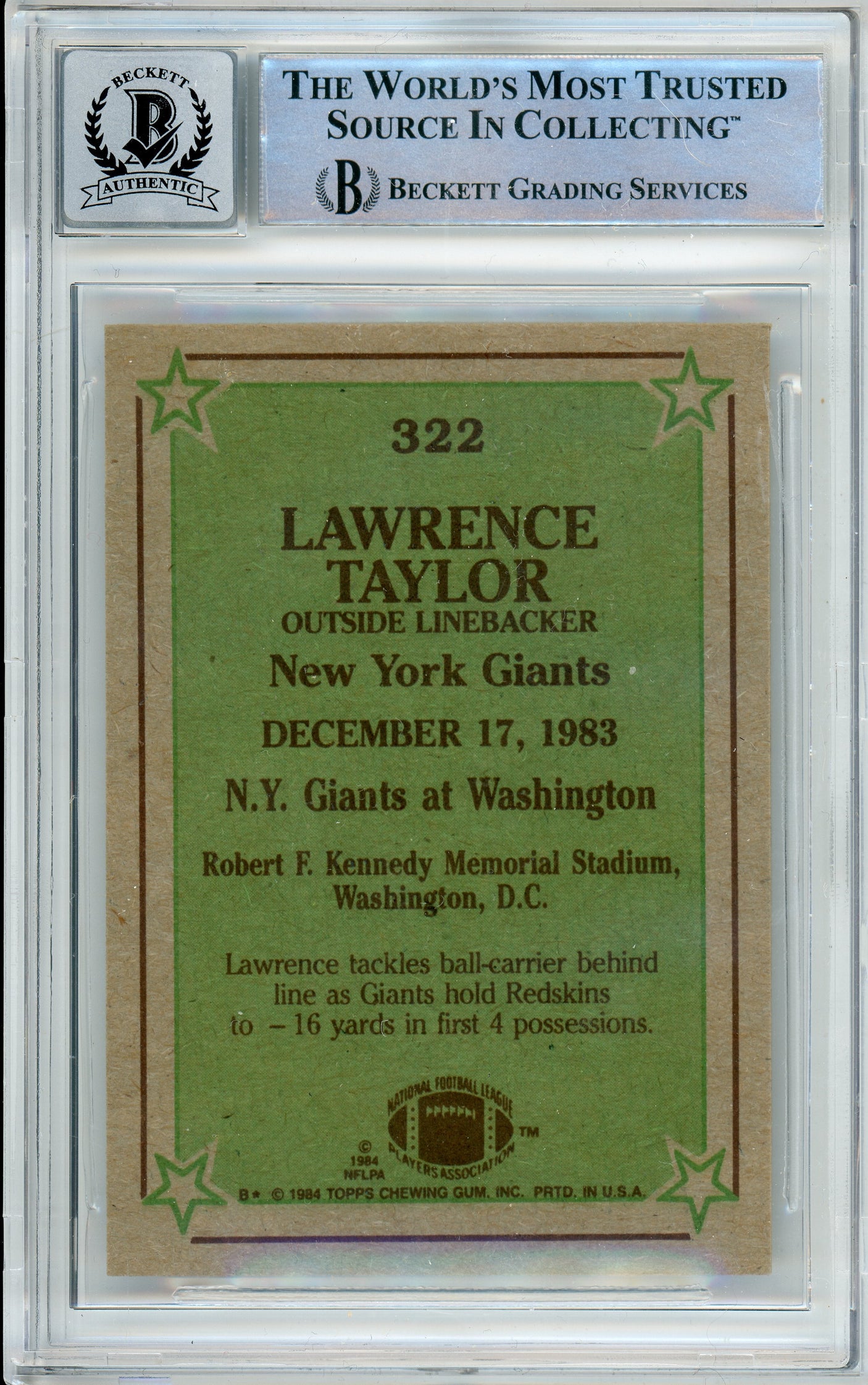 1984 Topps Instant Replay #322 Lawrence Taylor New York Giants BGS Autograph 10