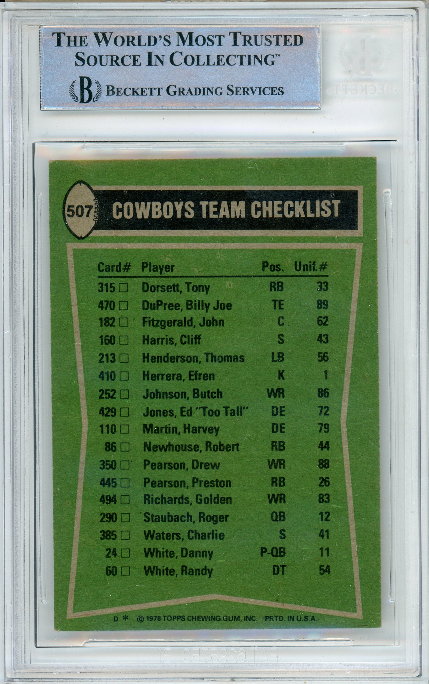 1978 Topps Team Checklist #507 Tony Dorsett RC / Drew Pearson Cowboys BGS Auto