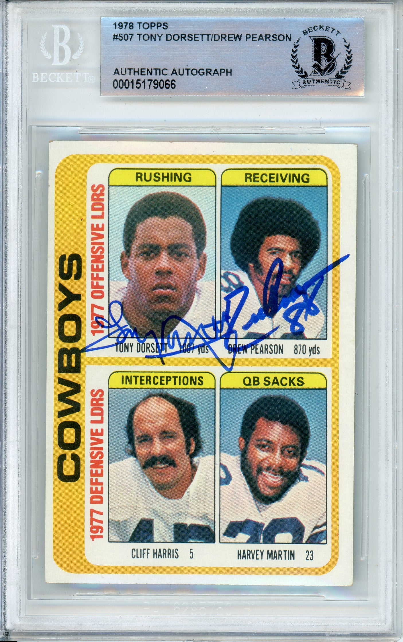 1978 Topps Team Checklist #507 Tony Dorsett RC / Drew Pearson Cowboys BGS Auto