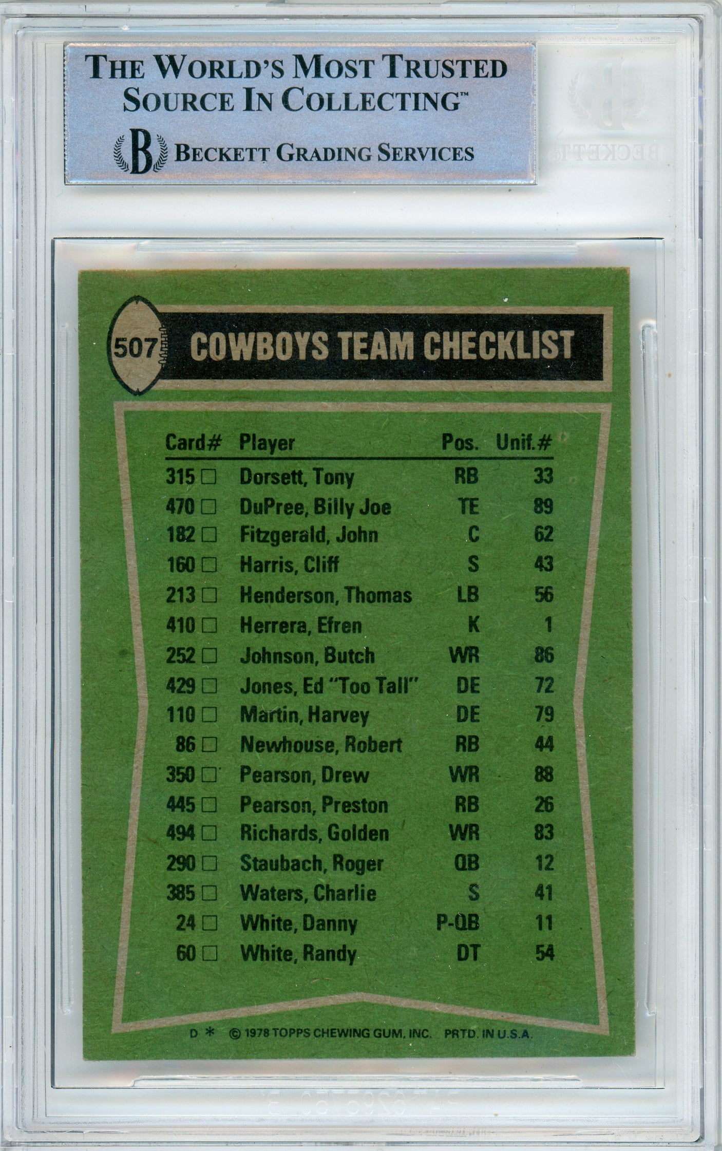 1978 Topps Team Checklist #507 Tony Dorsett RC / Drew Pearson Cowboys BGS Auto