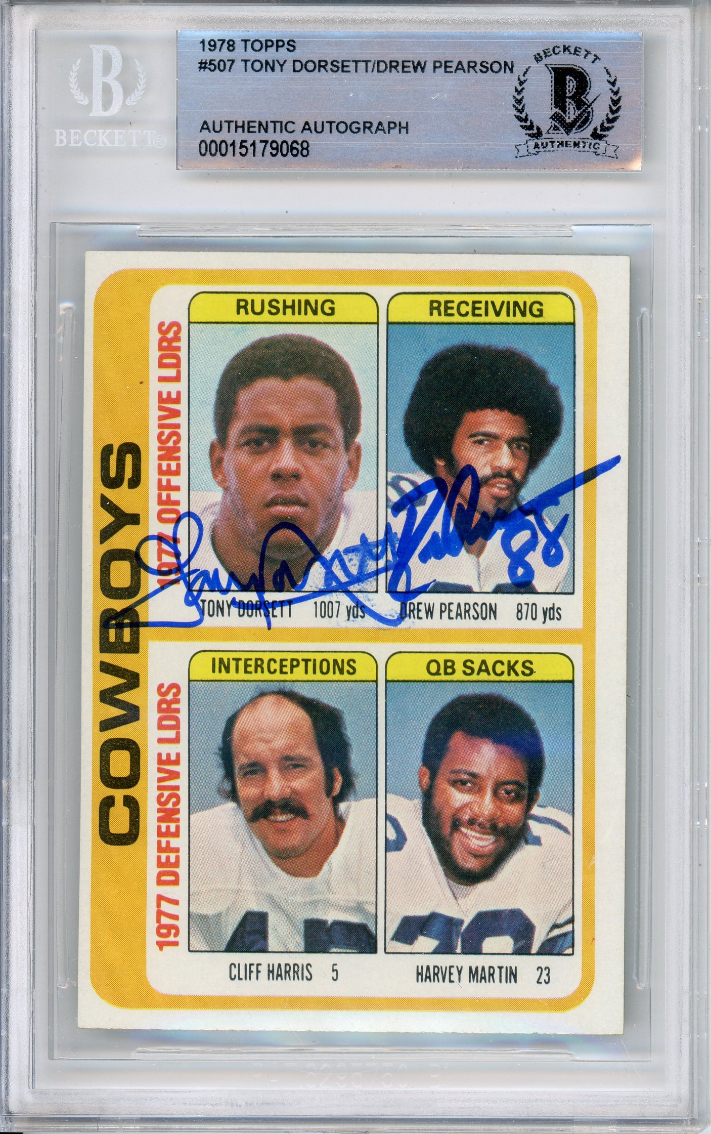 1978 Topps Team Checklist #507 Tony Dorsett RC / Drew Pearson Cowboys BGS Auto