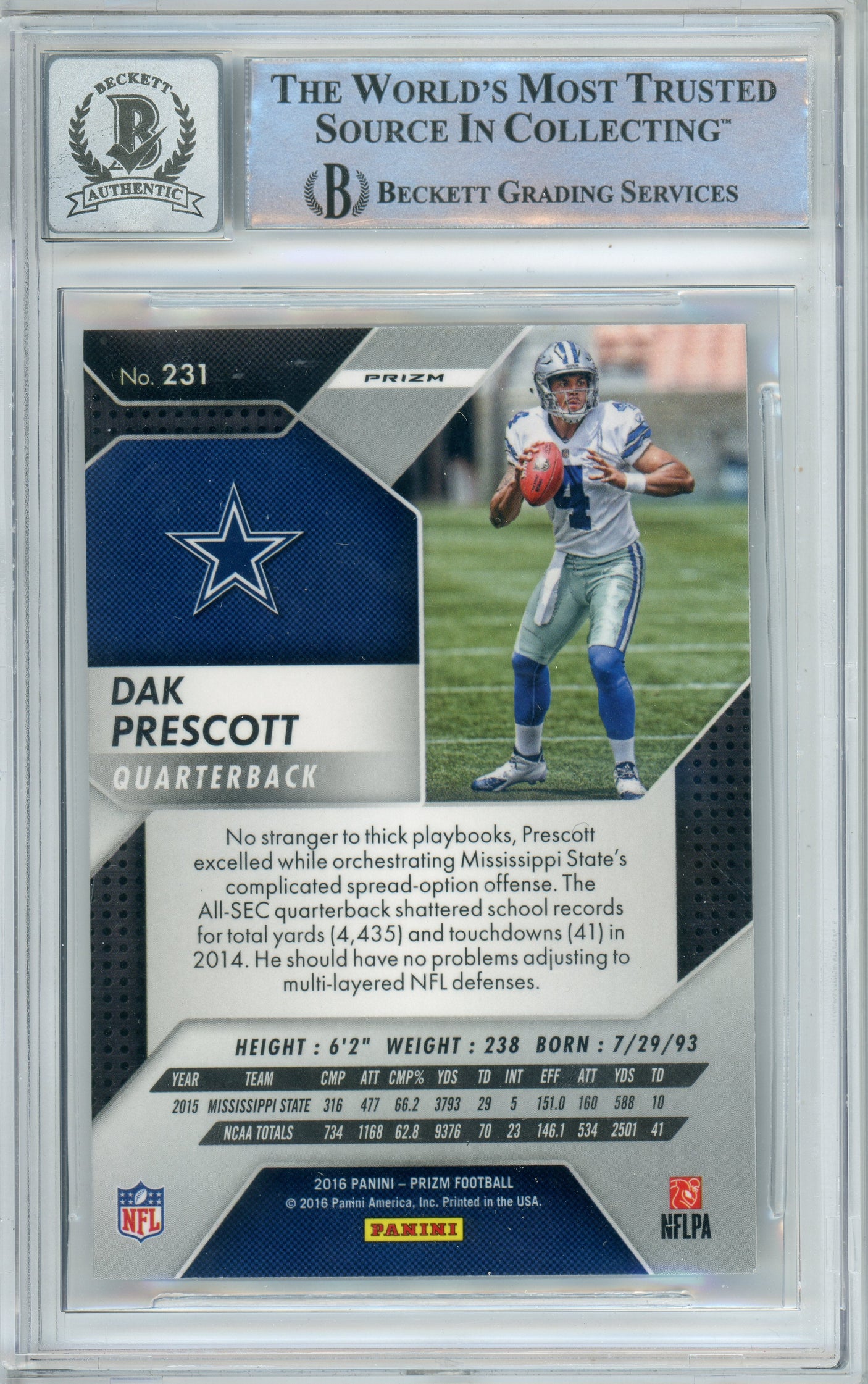 2016 Panini Prizm Silver #231 Dak Prescott RC Dallas Cowboys BGS Autograph 10