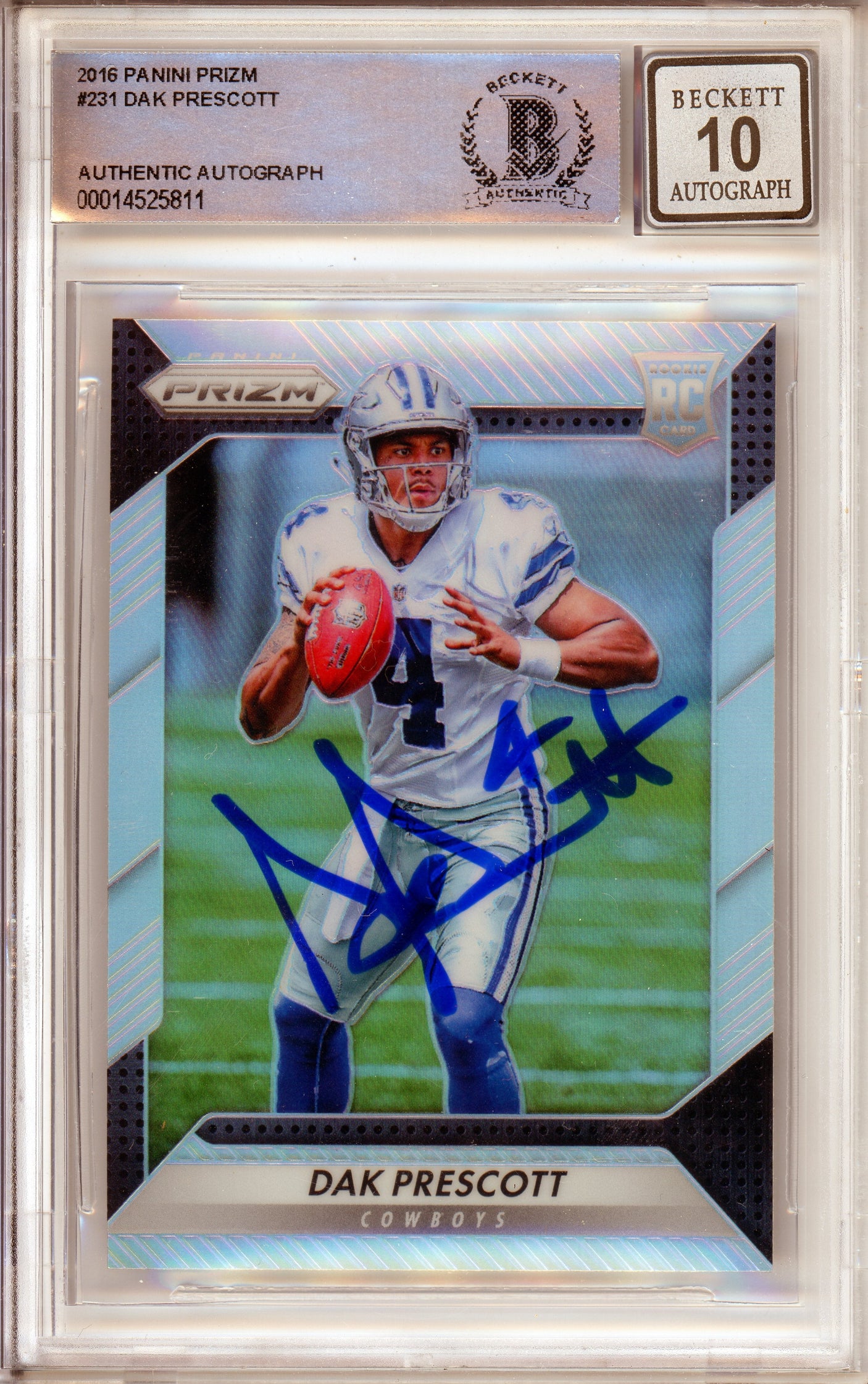 2016 Panini Prizm Silver #231 Dak Prescott RC Dallas Cowboys BGS Autograph 10
