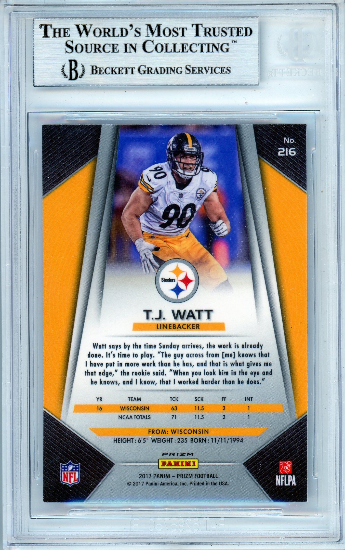 2017 Panini Prizm Silver #216 T.J. Watt RC Pittsburgh Steelers BGS Autograph 10