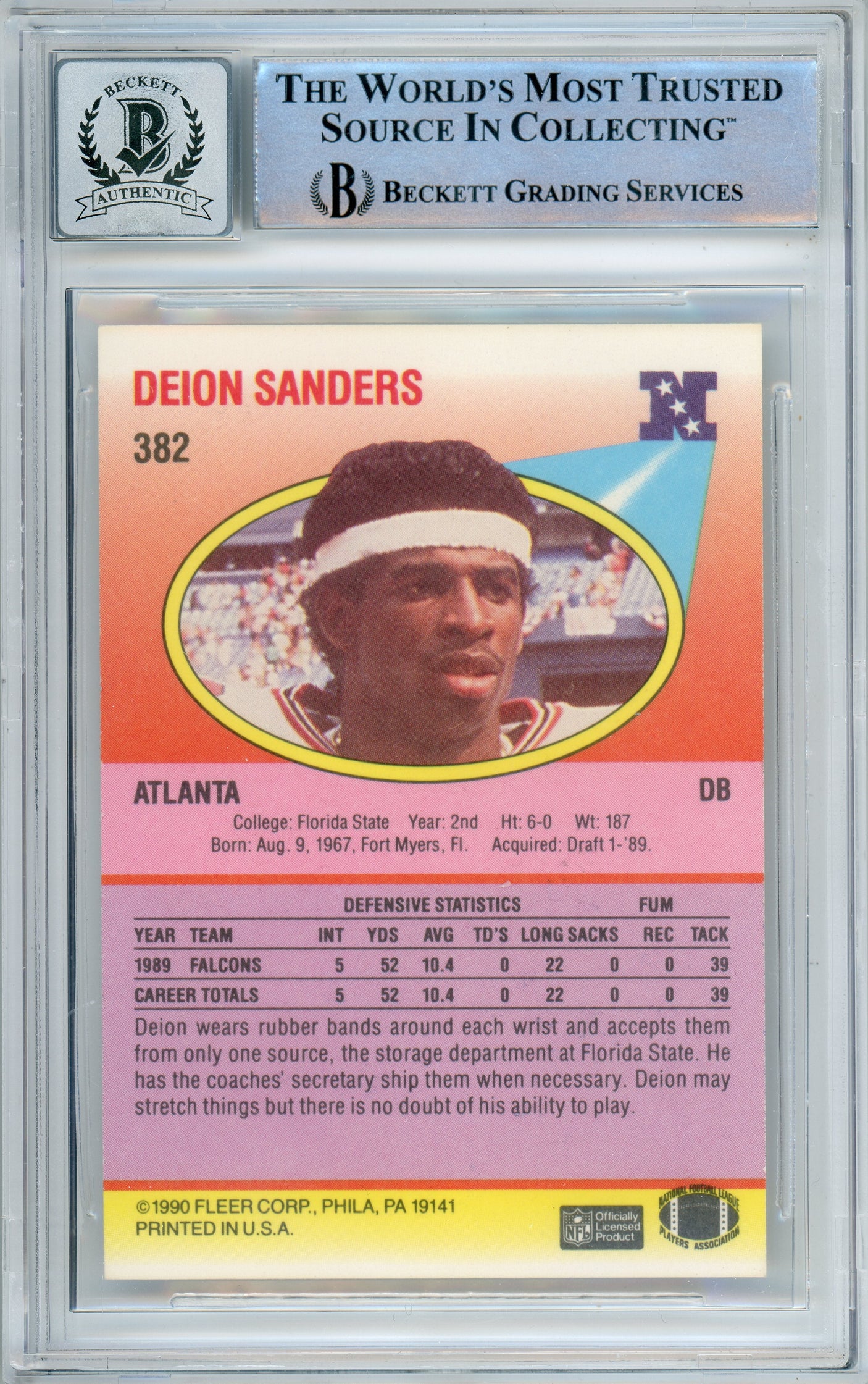 1990 Fleer #382 Deion Sanders Atlanta Falcons BGS Autograph 10