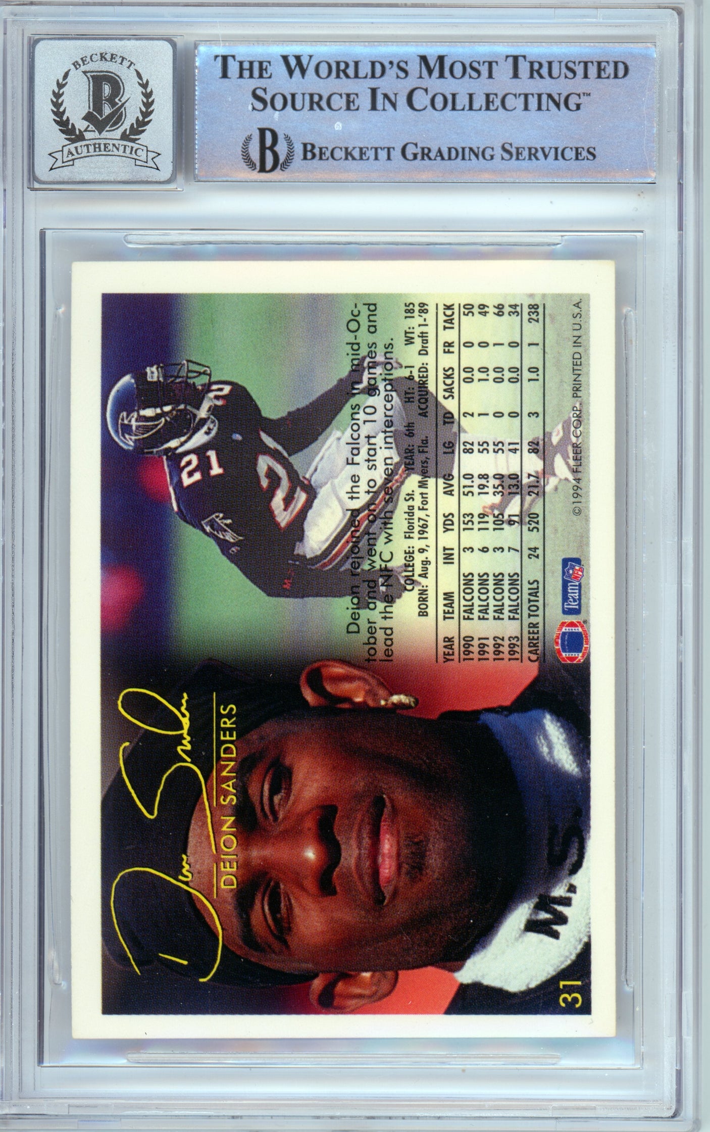 1994 Fleer #31 Deion Sanders Atlanta Falcons BGS Autograph 10