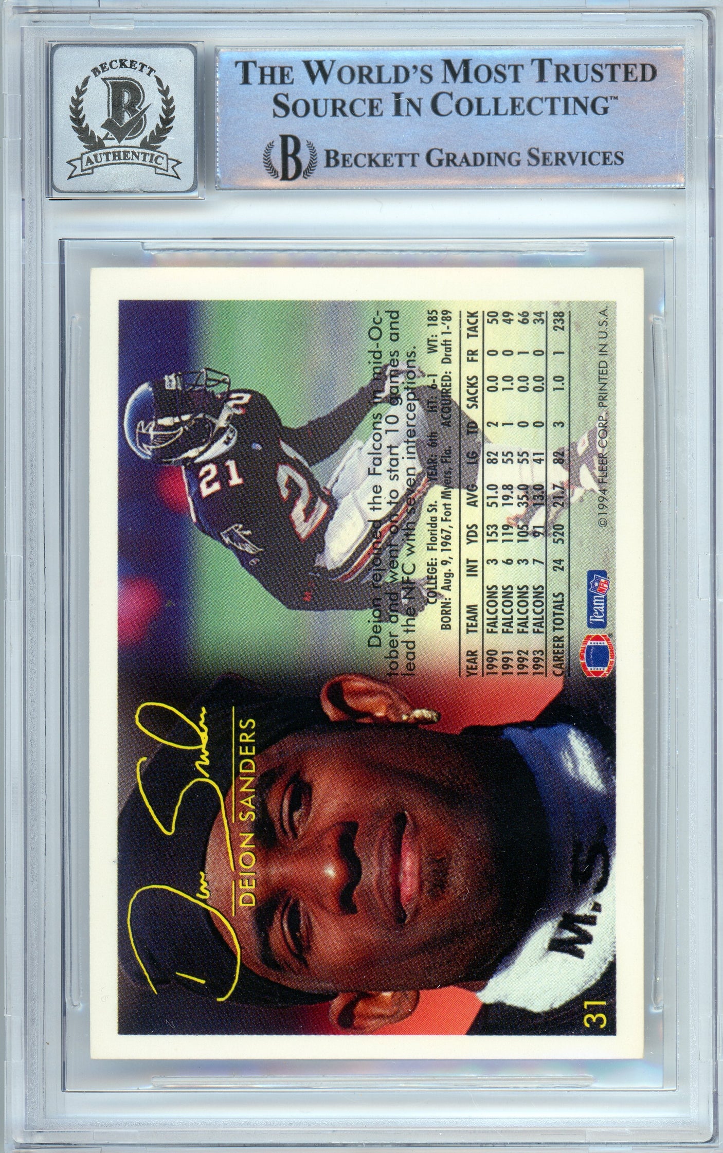 1994 Fleer #31 Deion Sanders Atlanta Falcons BGS Autograph 10
