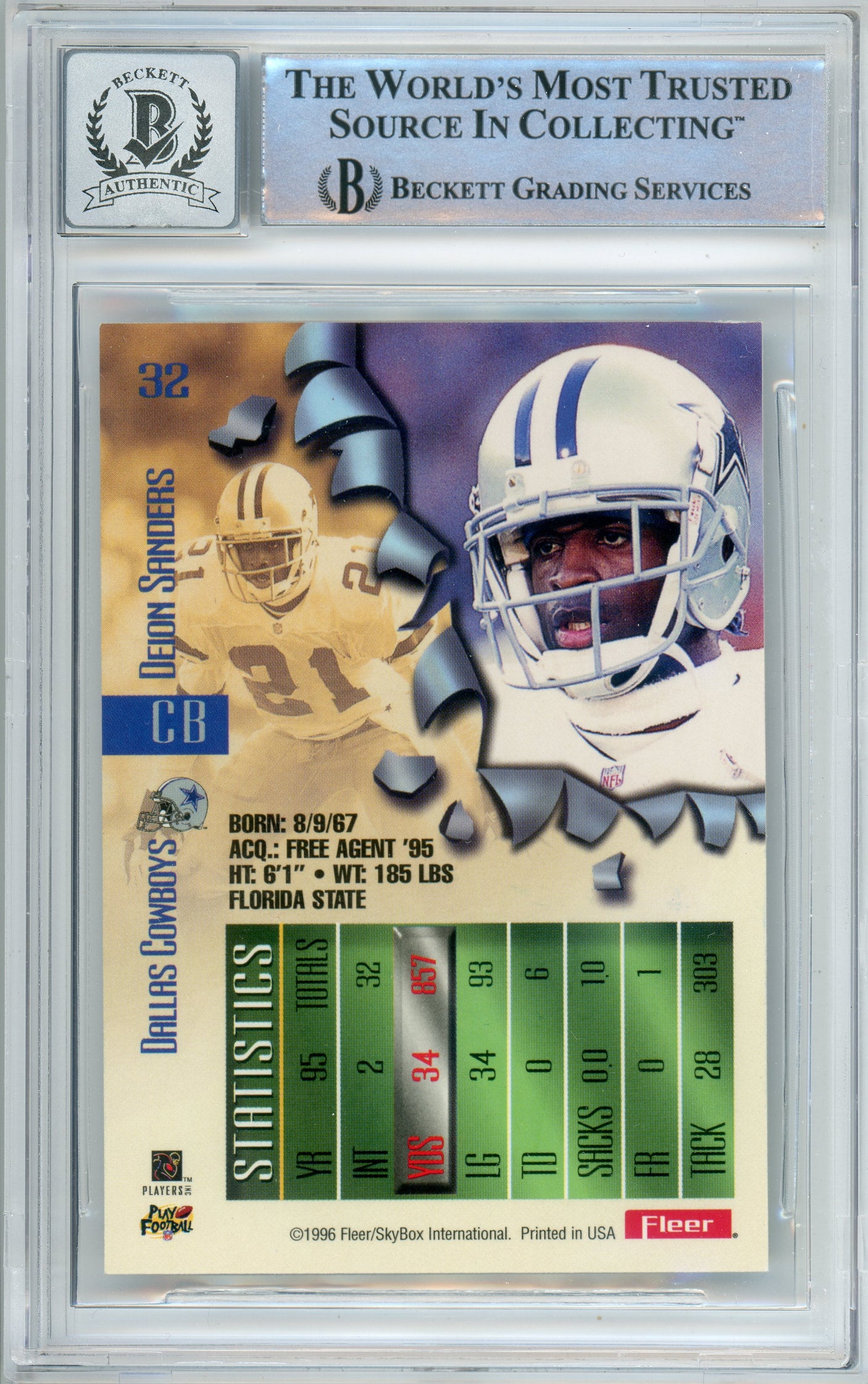 1996 Fleer Metal #32 Deion Sanders Atlanta Falcons BGS Autograph 10