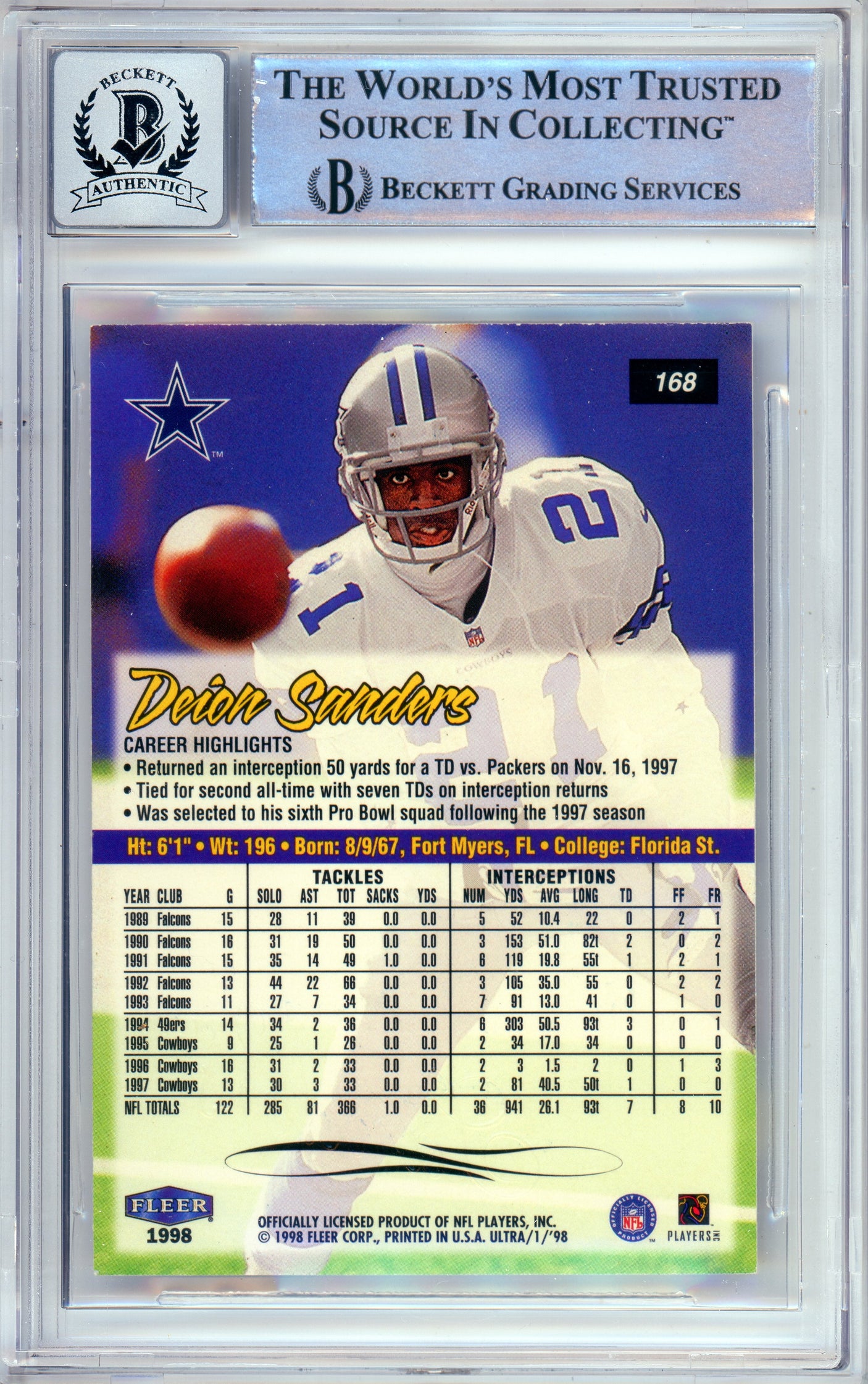 1998 Fleer Ultra #168 Deion Sanders Atlanta Falcons BGS Autograph 10