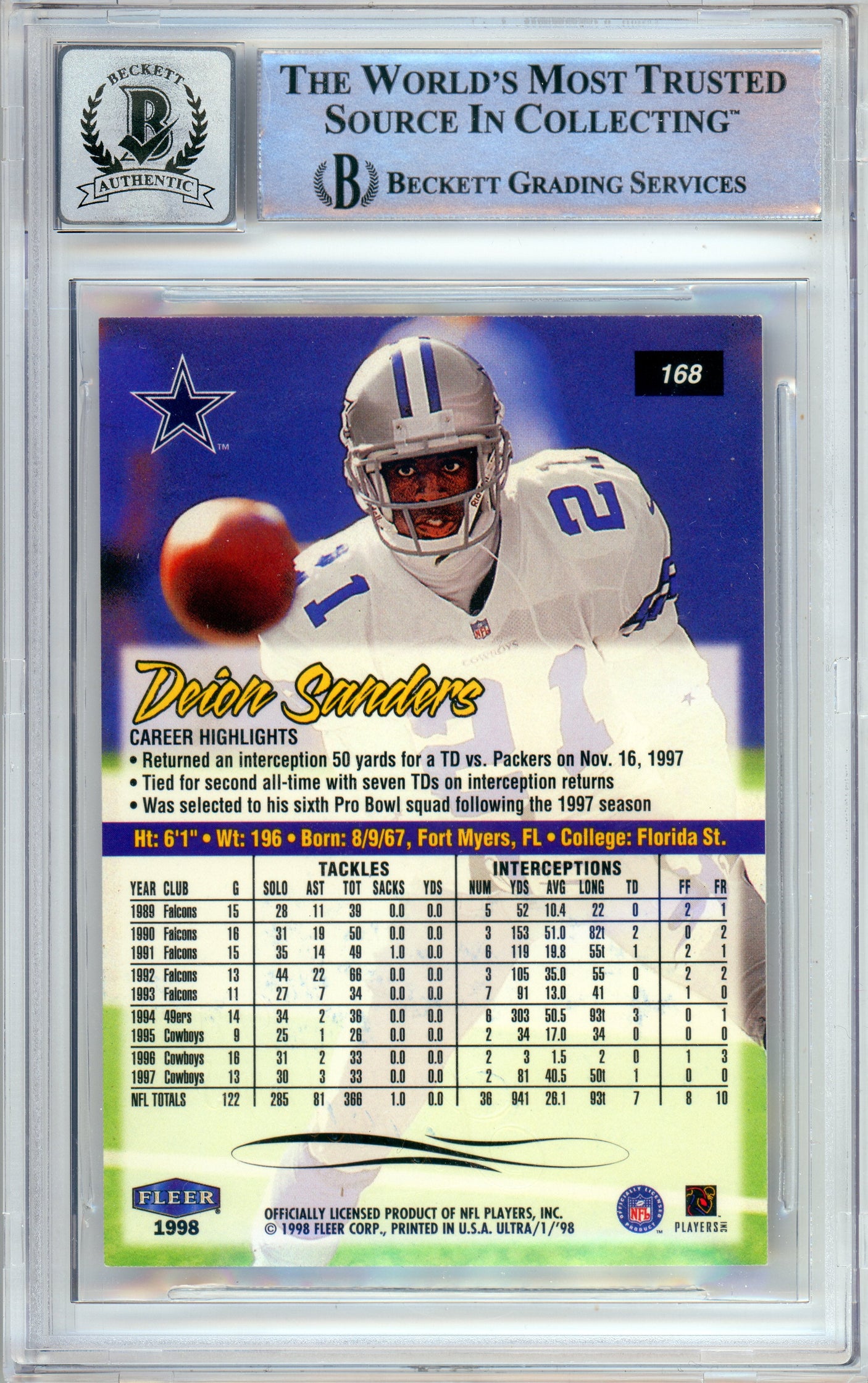 1998 Fleer Ultra #168 Deion Sanders Atlanta Falcons BGS Autograph 10