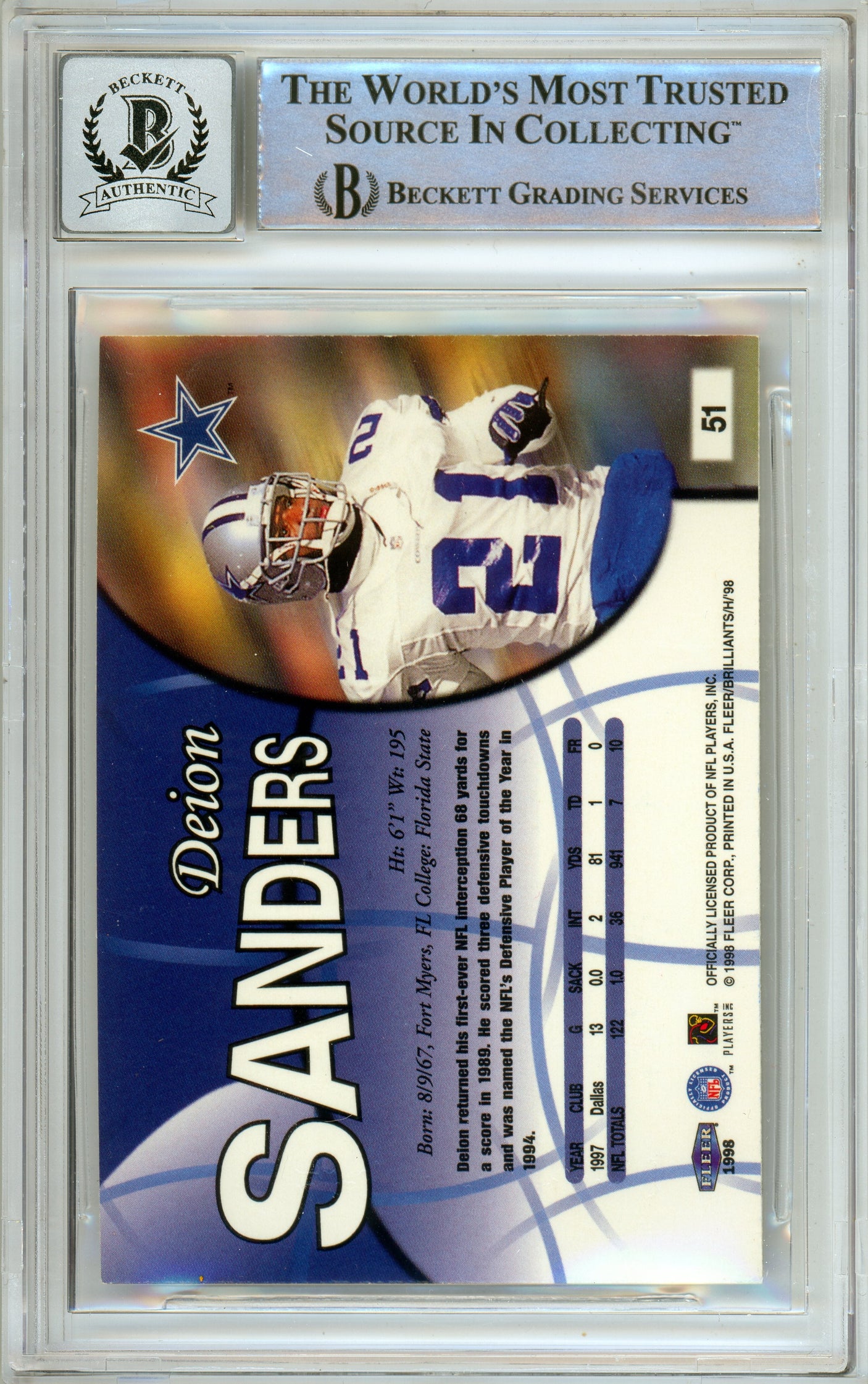 1998 Fleer Brilliants #51 Deion Sanders Atlanta Falcons BGS Autograph 10