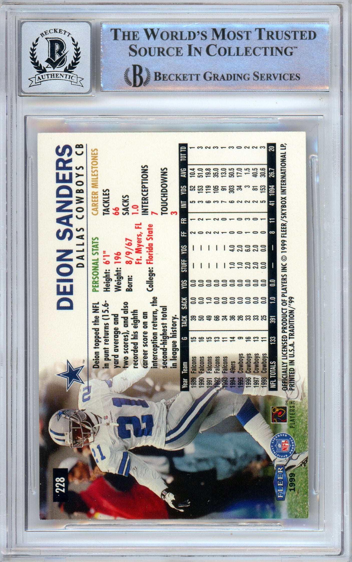 1999 Fleer Tradition #228 Deion Sanders Atlanta Falcons BGS Autograph 10