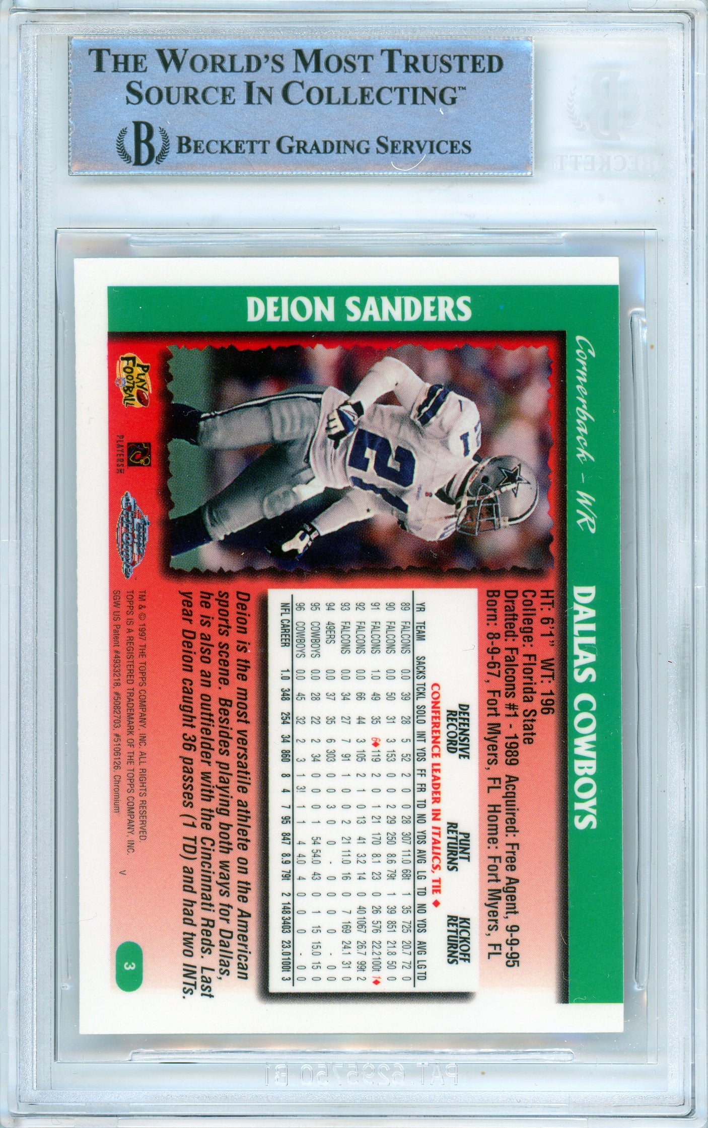 1997 Topps Chrome #3 Deion Sanders Dallas Cowboys BGS Autograph 10
