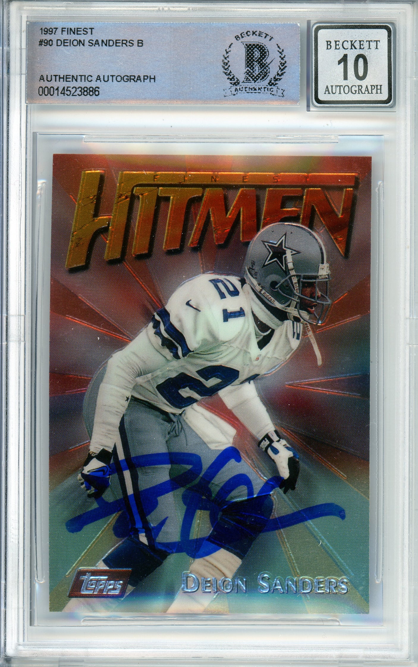 1997 Topps Finest Hitmen #90 Deion Sanders Dallas Cowboys BGS Autograph 10