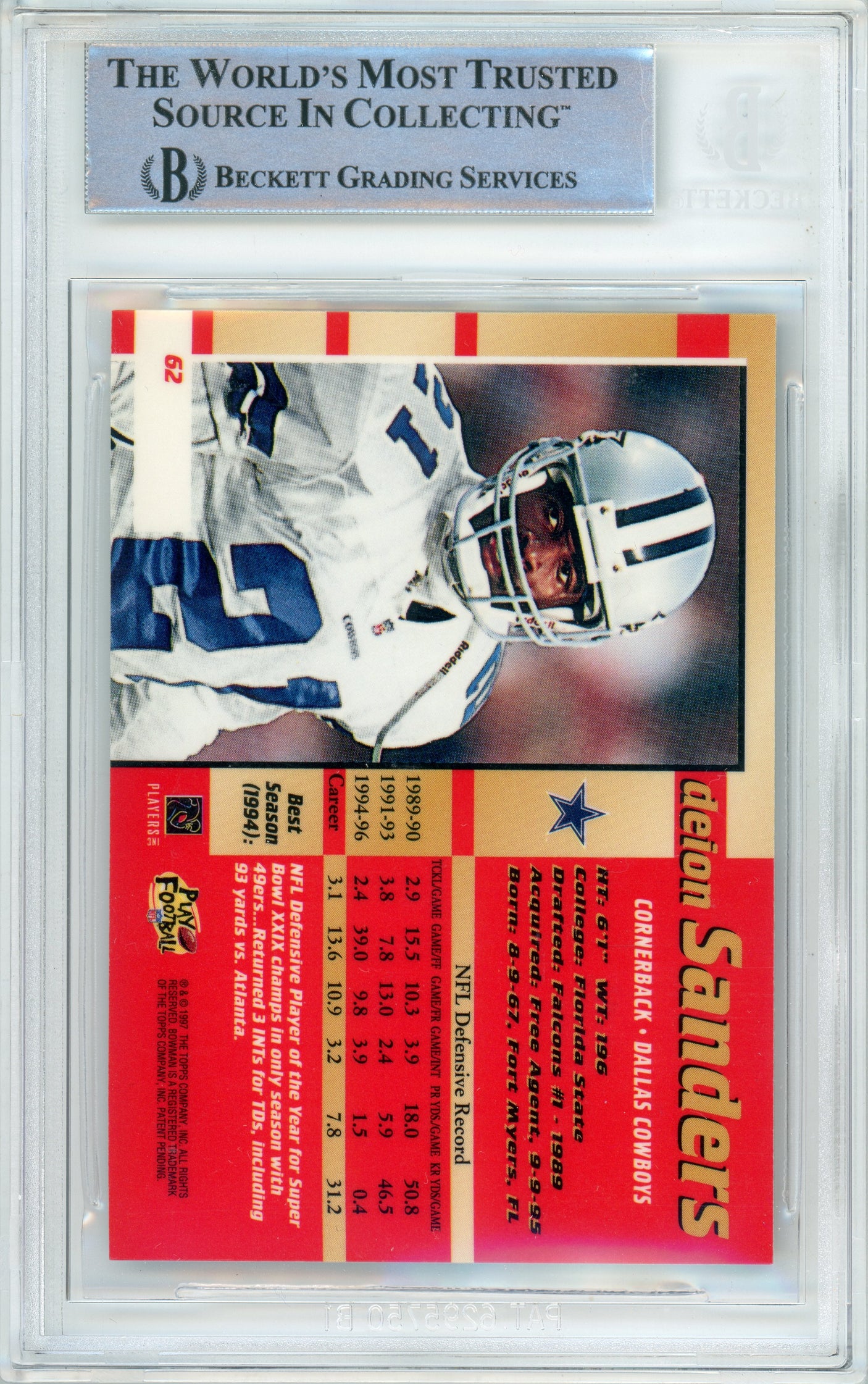 1997 Bowman's Best #62 Deion Sanders Dallas Cowboys BGS Autograph 10