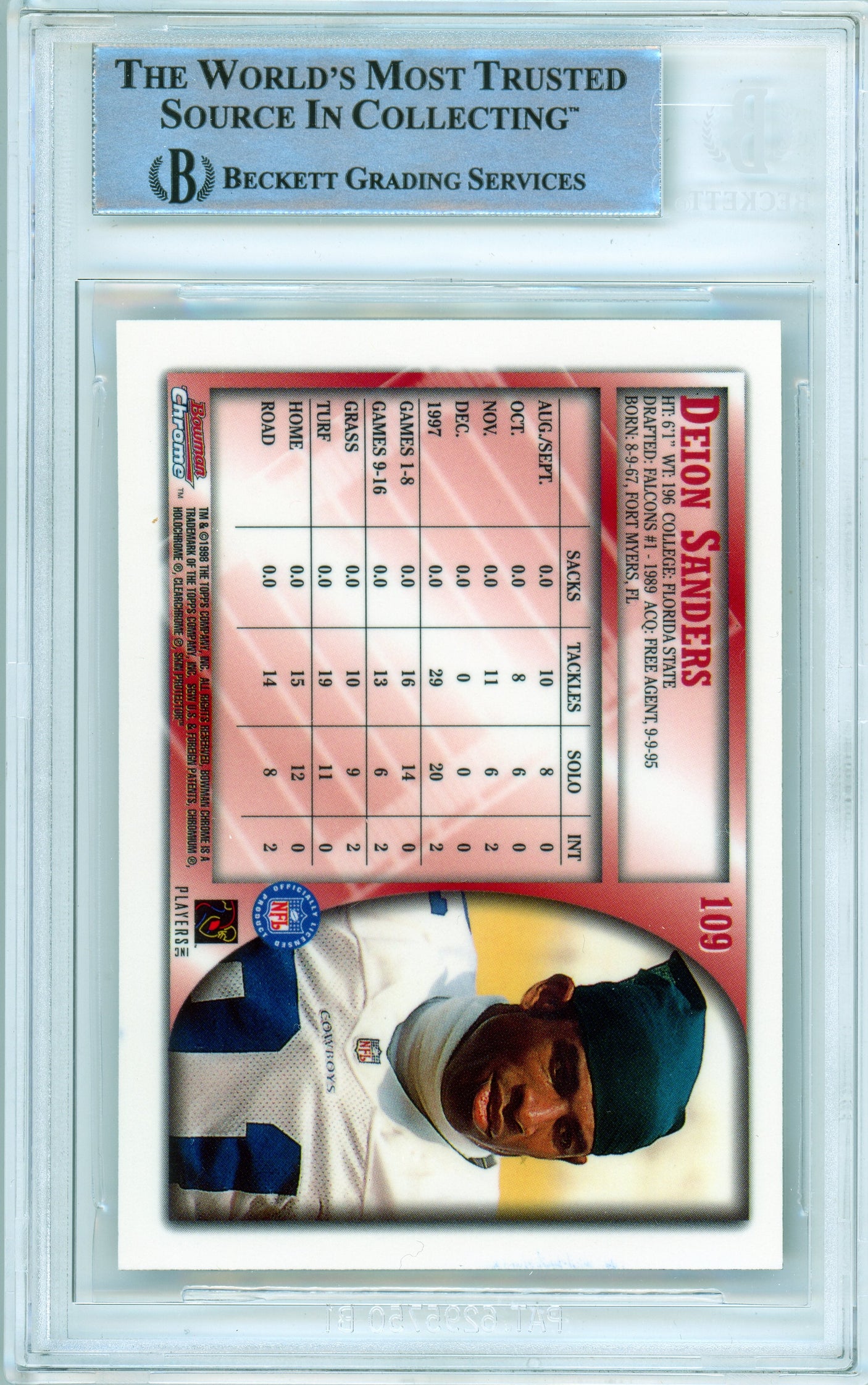 1998 Bowman Chrome #109 Deion Sanders Dallas Cowboys BGS Autograph 10
