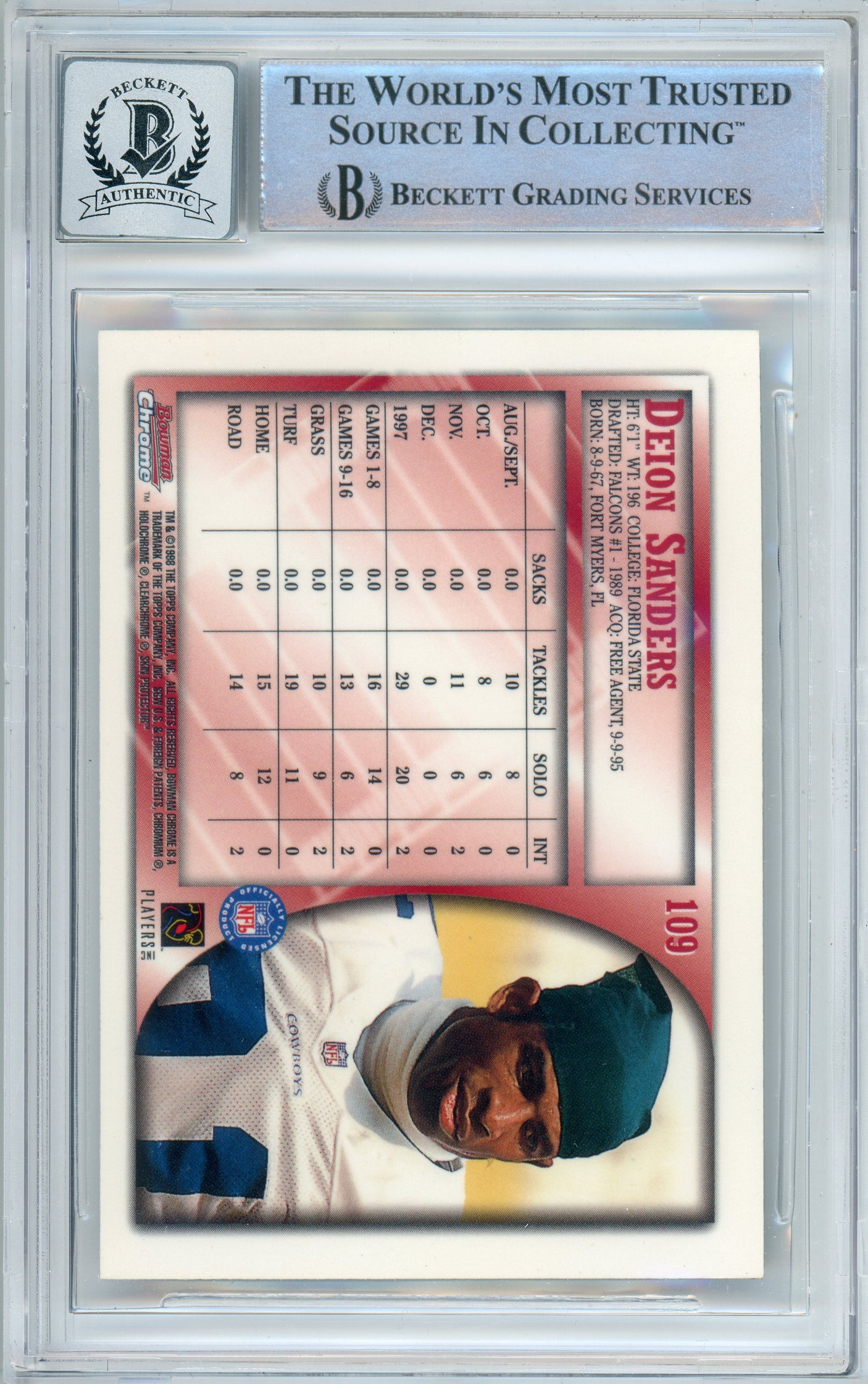 1998 Bowman Chrome #109 Deion Sanders Dallas Cowboys BGS Autograph 10