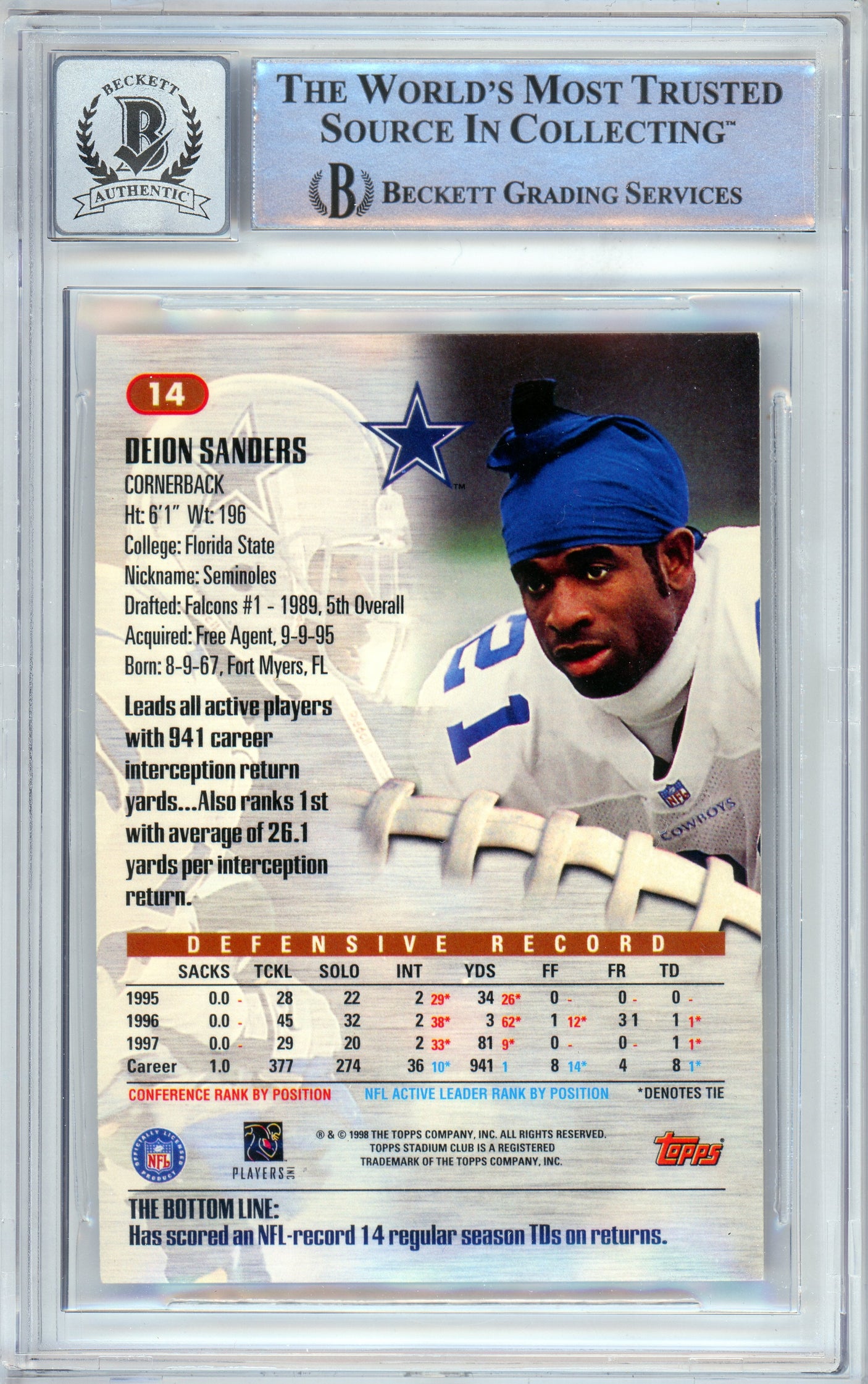 1998 Topps Stadium Club #14 Deion Sanders Dallas Cowboys BGS Autograph 10