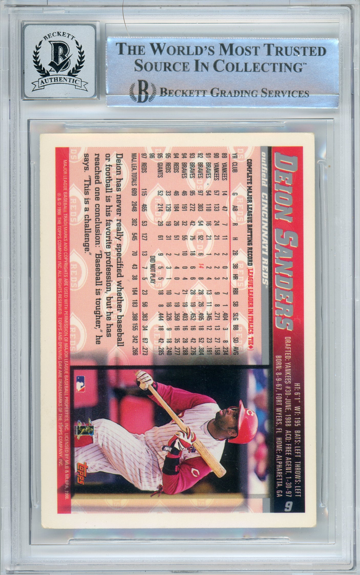 1998 Topps Opening Day #9 Deion Sanders Cincinnati Reds BGS Autograph 10