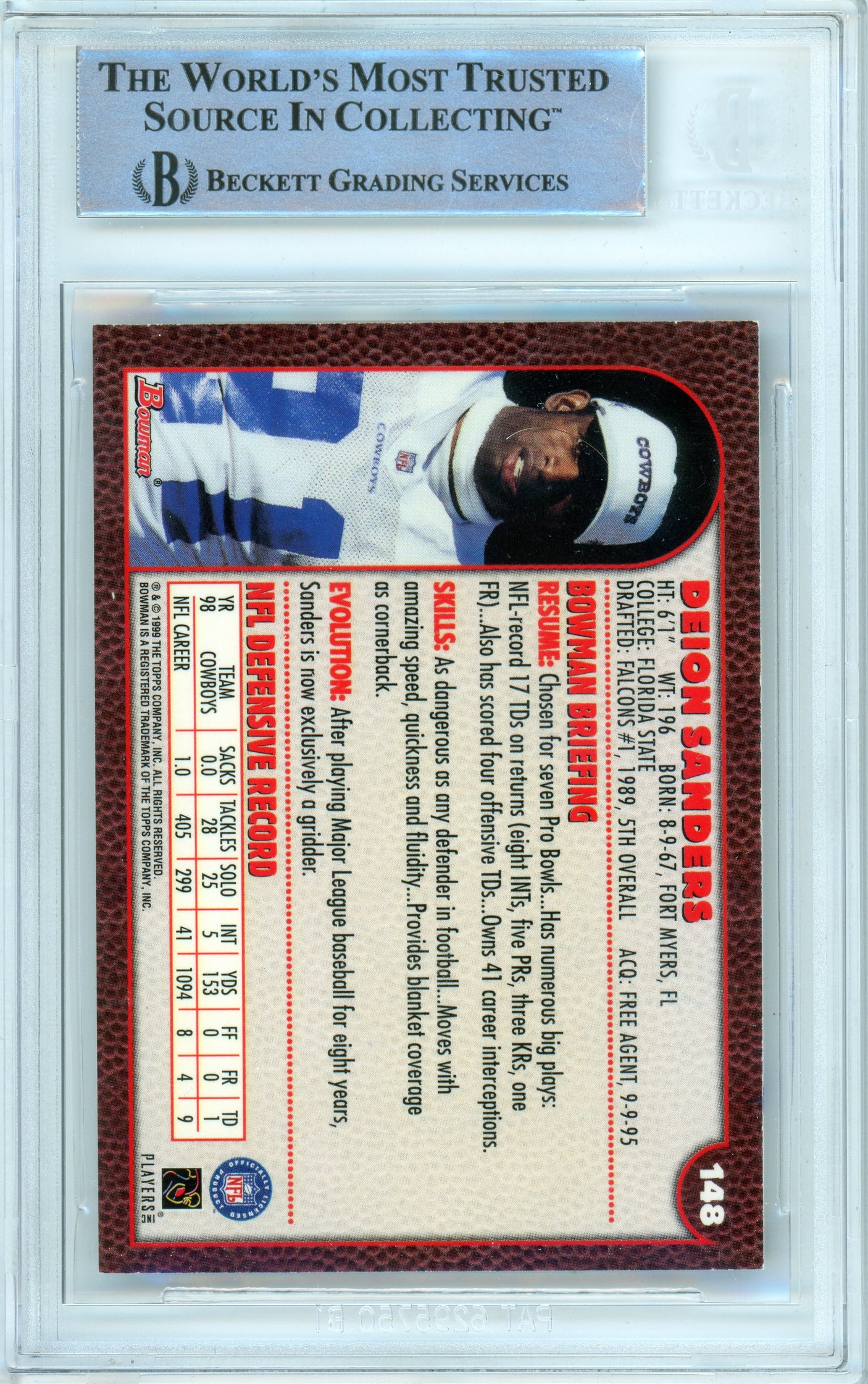 1999 Bowman #148 Deion Sanders Dallas Cowboys BGS Autograph 10