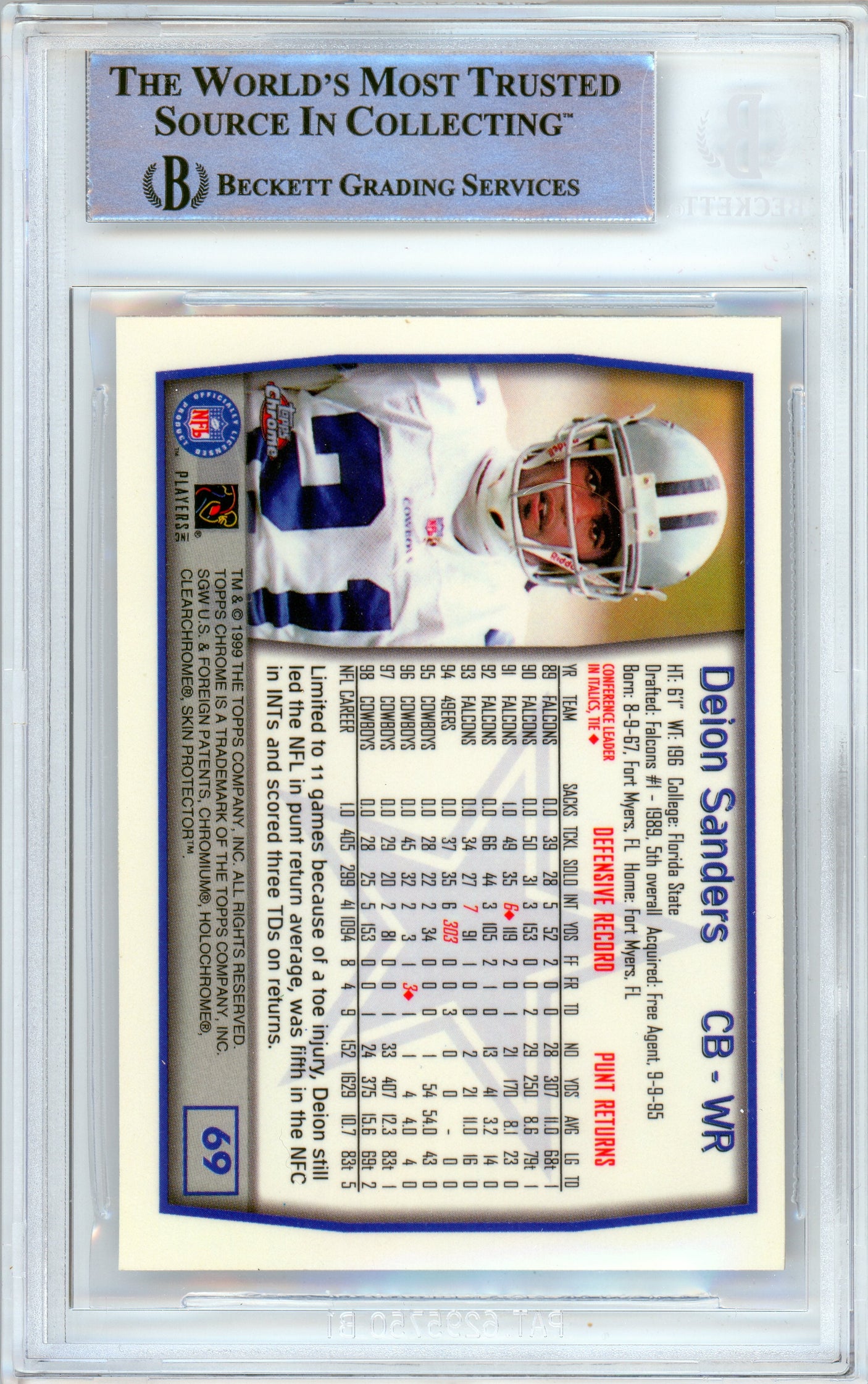 1999 Topps Chrome #69 Deion Sanders Dallas Cowboys BGS Autograph 10
