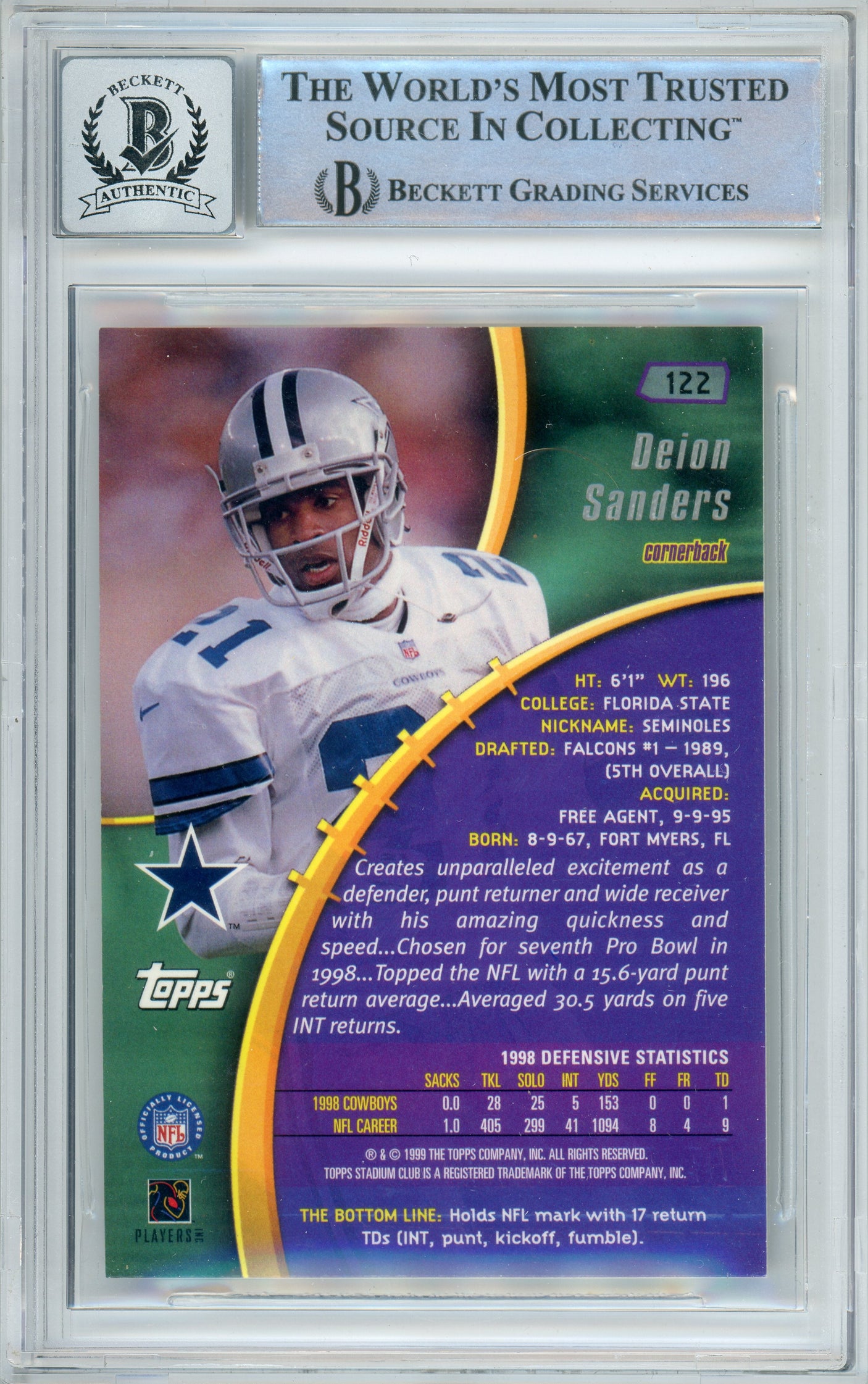 1999 Topps Stadium Club #122 Deion Sanders Dallas Cowboys BGS Autograph 10