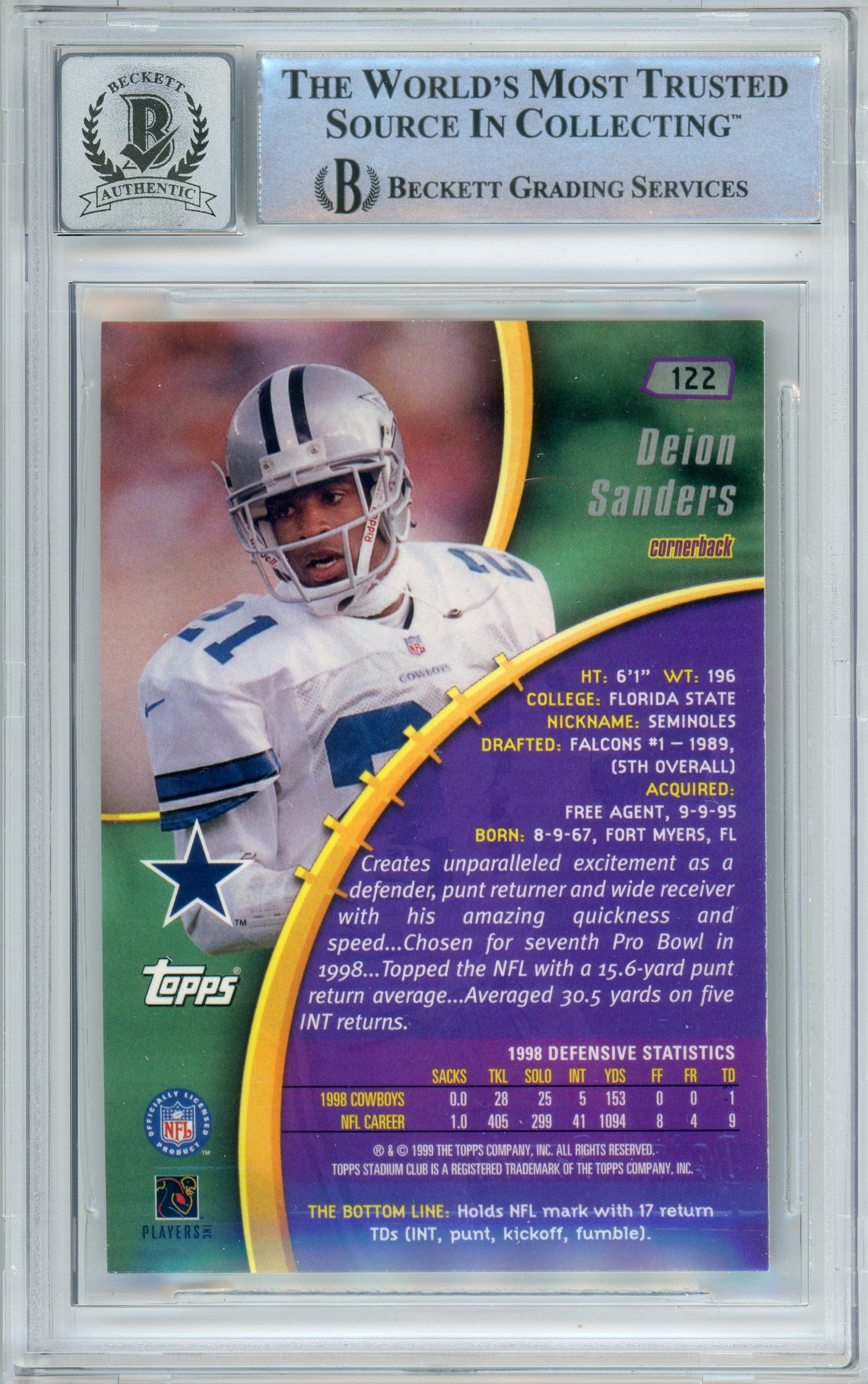 1999 Topps Stadium Club #122 Deion Sanders Dallas Cowboys BGS Autograph 10