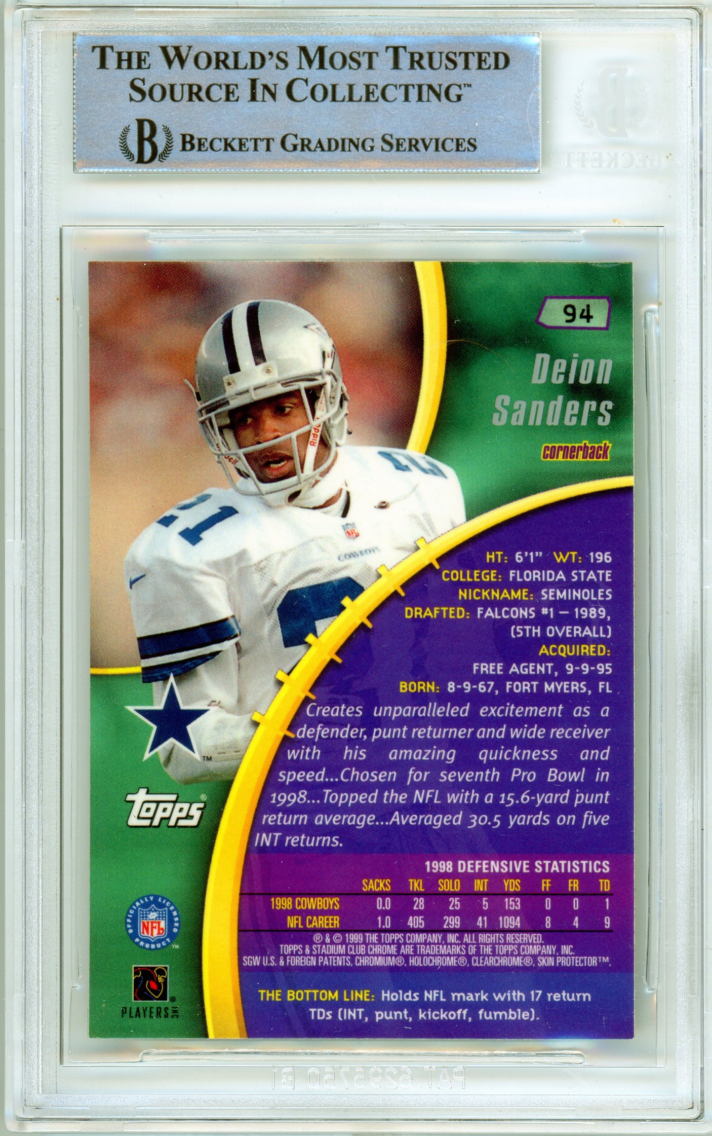 1999 Topps Stadium Club Chrome #94 Deion Sanders Dallas Cowboys BGS Autograph 10