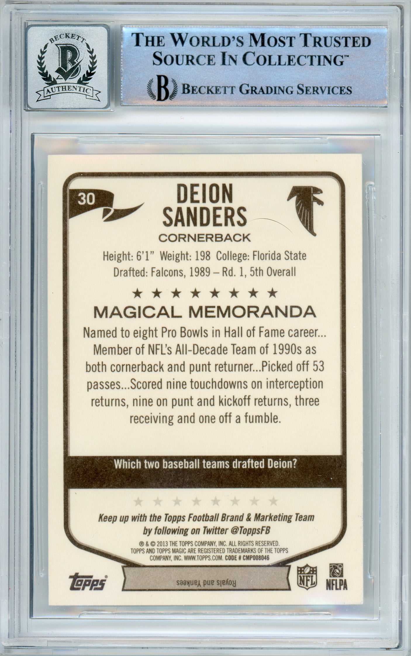 2013 Topps Magic #30 Deion Sanders Atlanta Falcons BGS Autograph 10