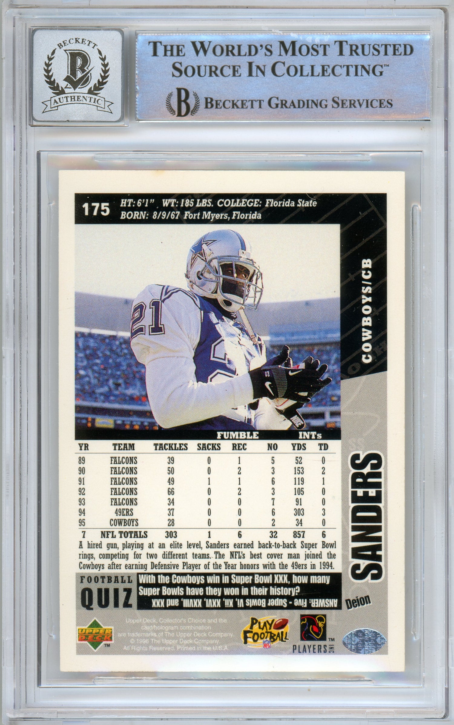 1996 Collector's Choice #175 Deion Sanders Dallas Cowboys BGS Autograph 10