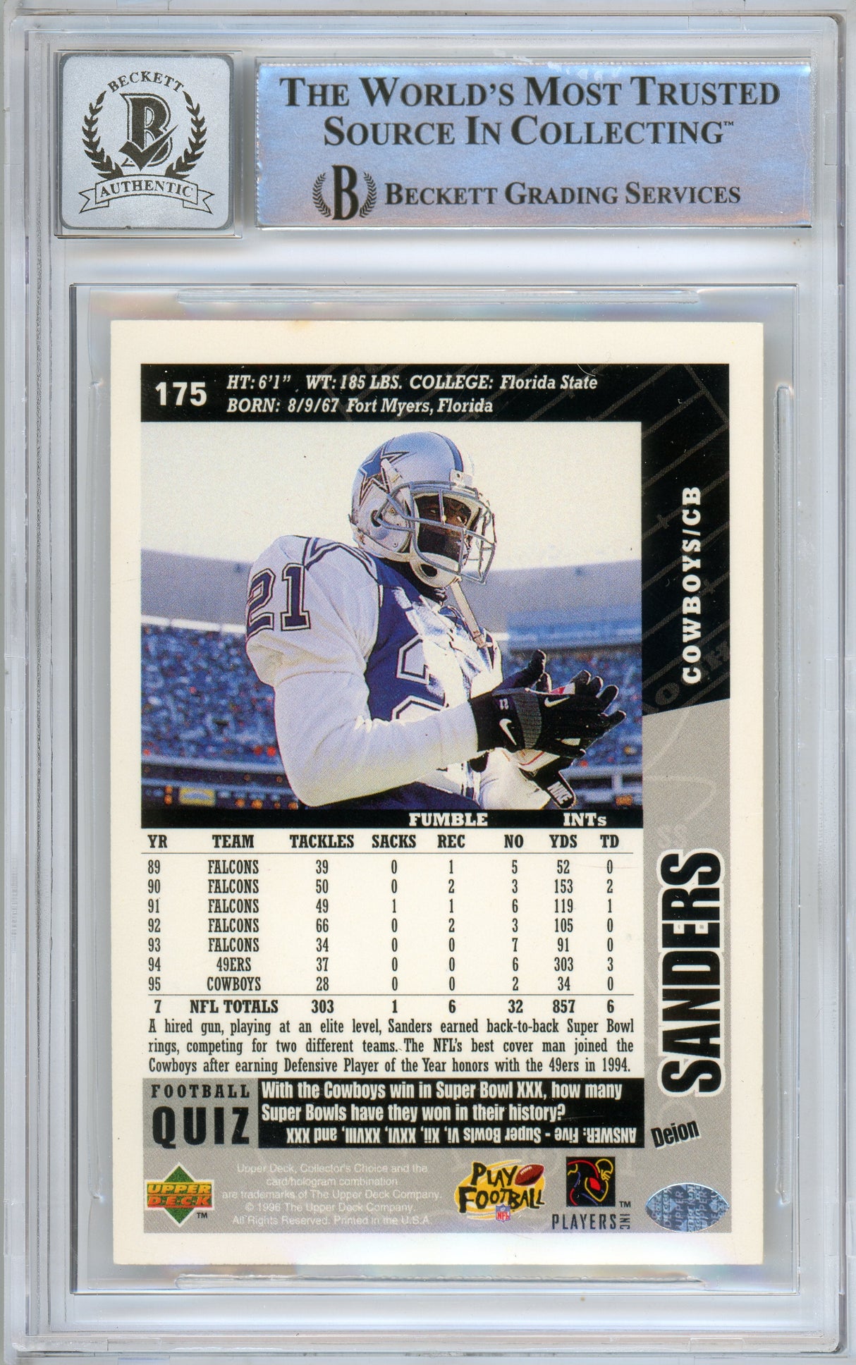 1996 Collector's Choice #175 Deion Sanders Dallas Cowboys BGS Autograph 10