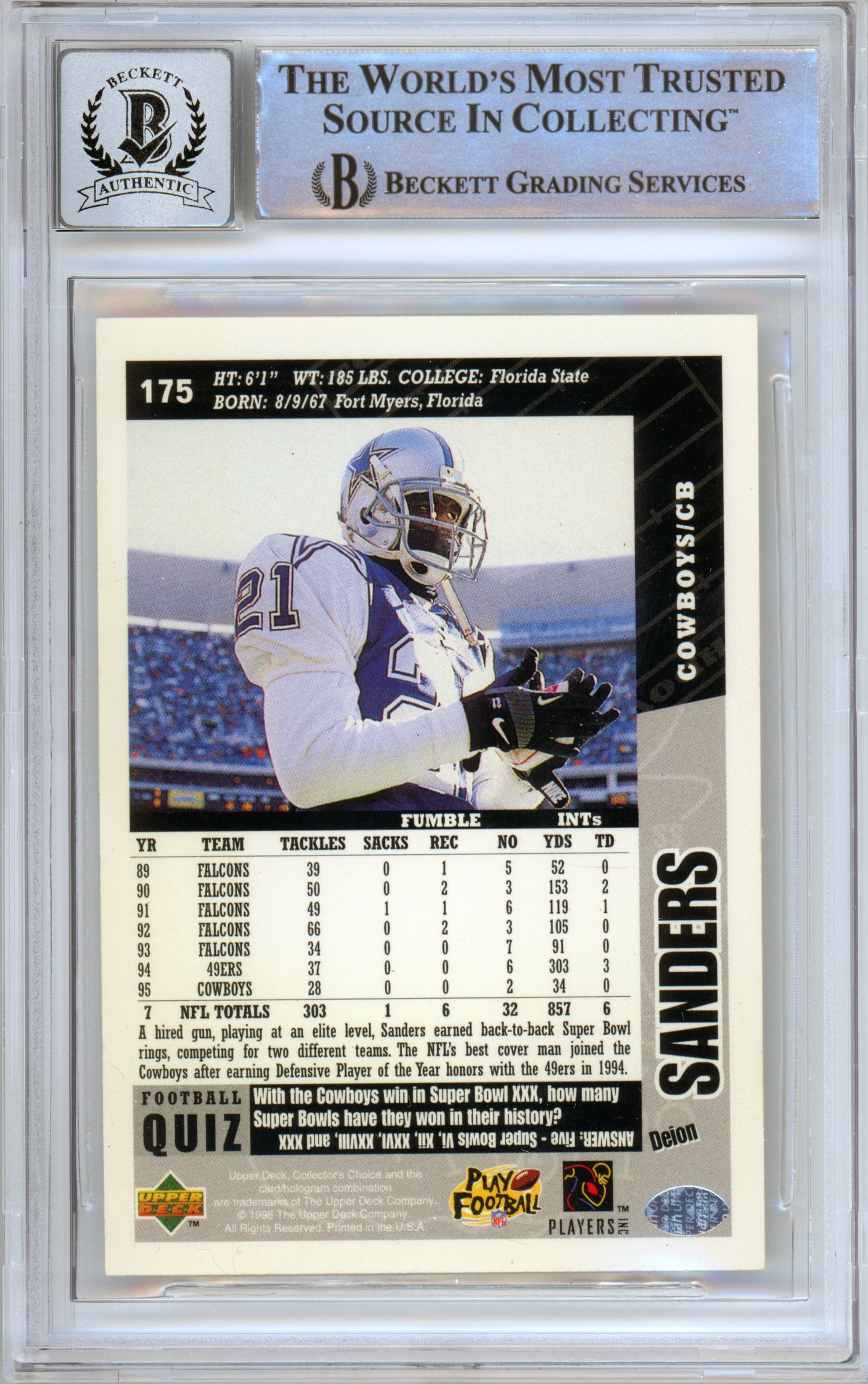 1996 Collector's Choice #175 Deion Sanders Dallas Cowboys BGS Autograph 10