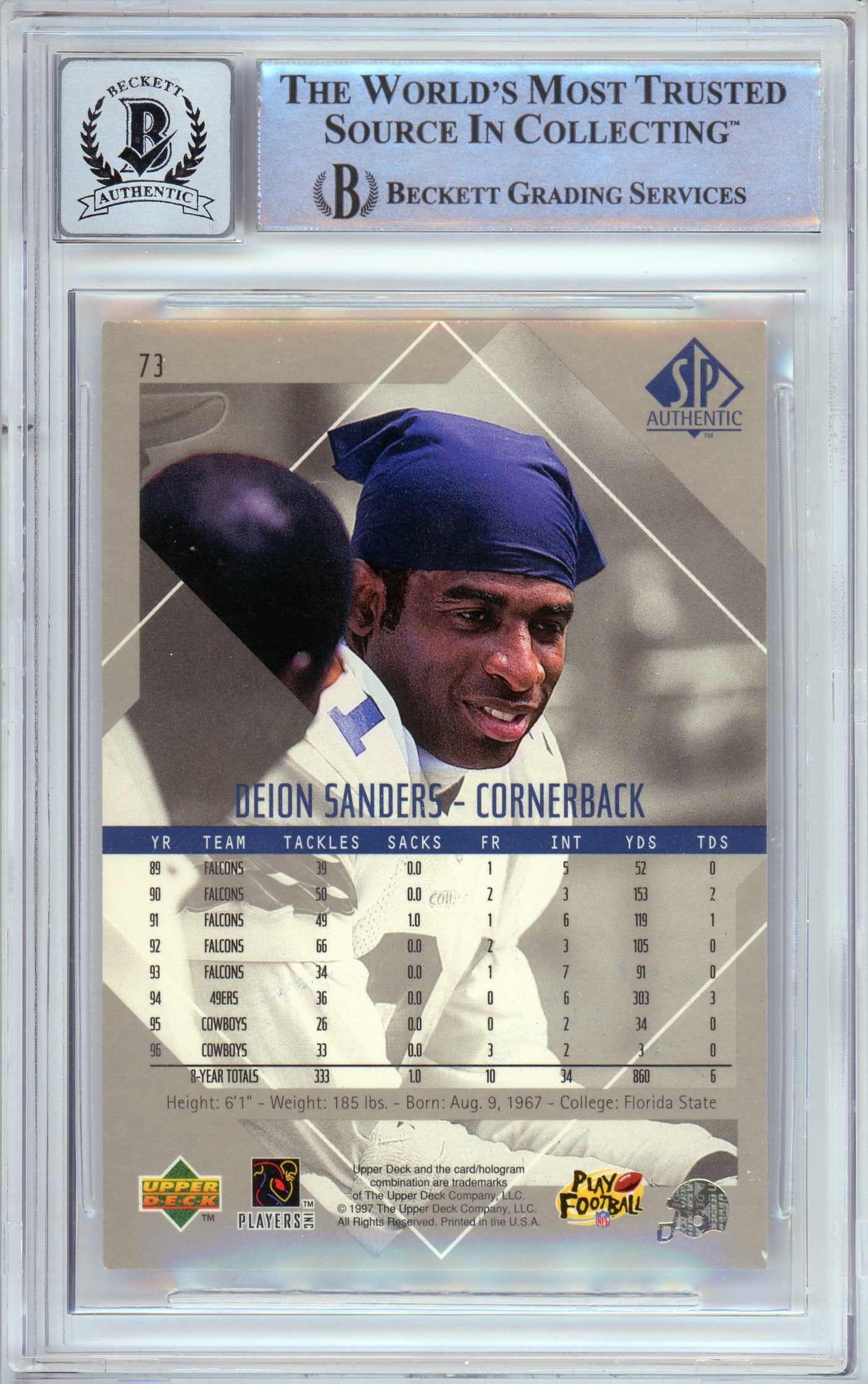 1997 Upper Deck SP Authentic #73 Deion Sanders Cowboys BGS Autograph 10