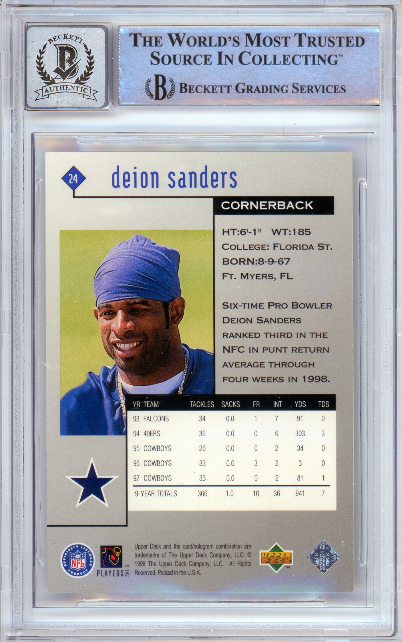 1998 Black Diamond Rookies #24 Deion Sanders Cowboys BGS Autograph 10