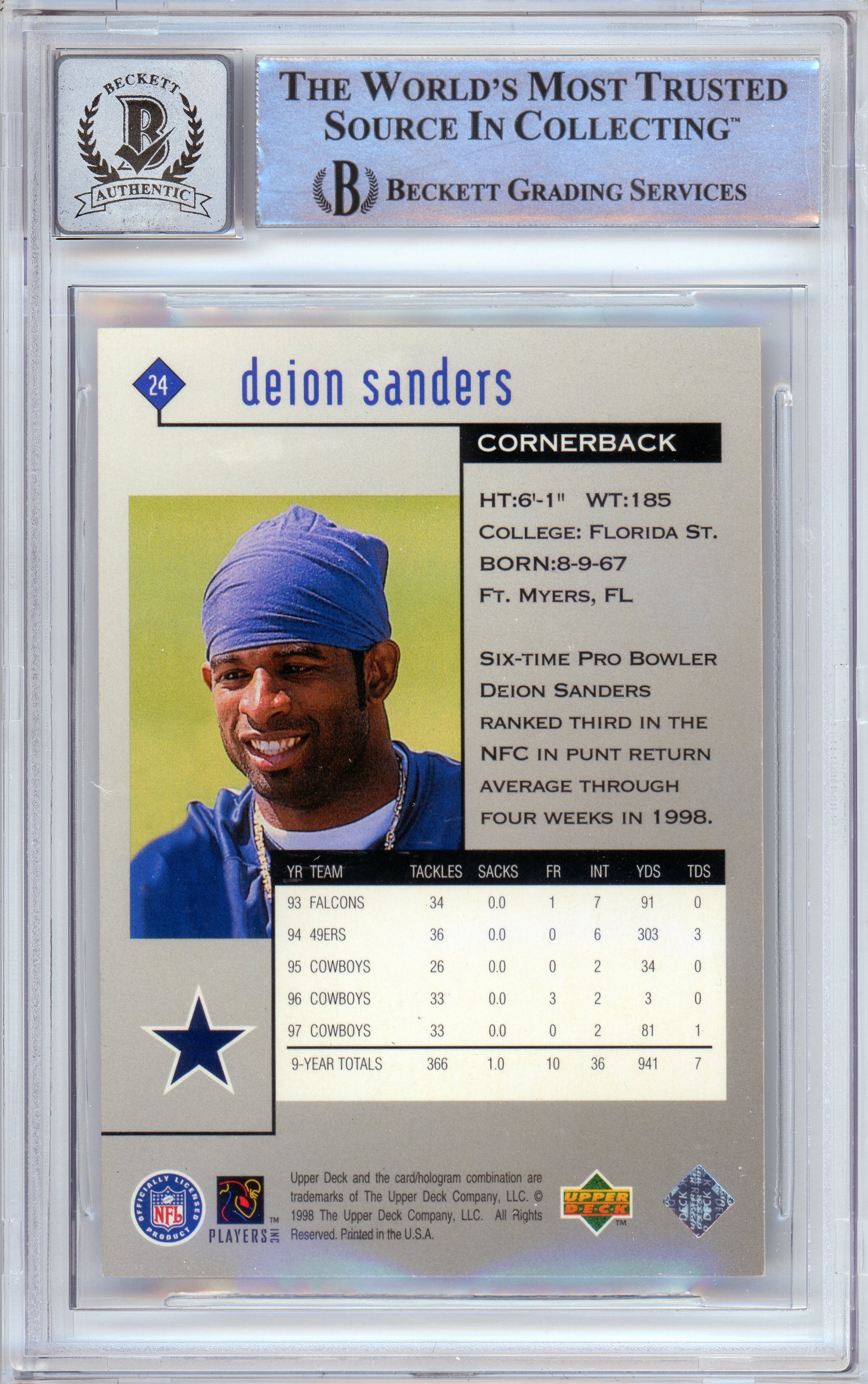 1998 Black Diamond Rookies #24 Deion Sanders Cowboys BGS Autograph 10