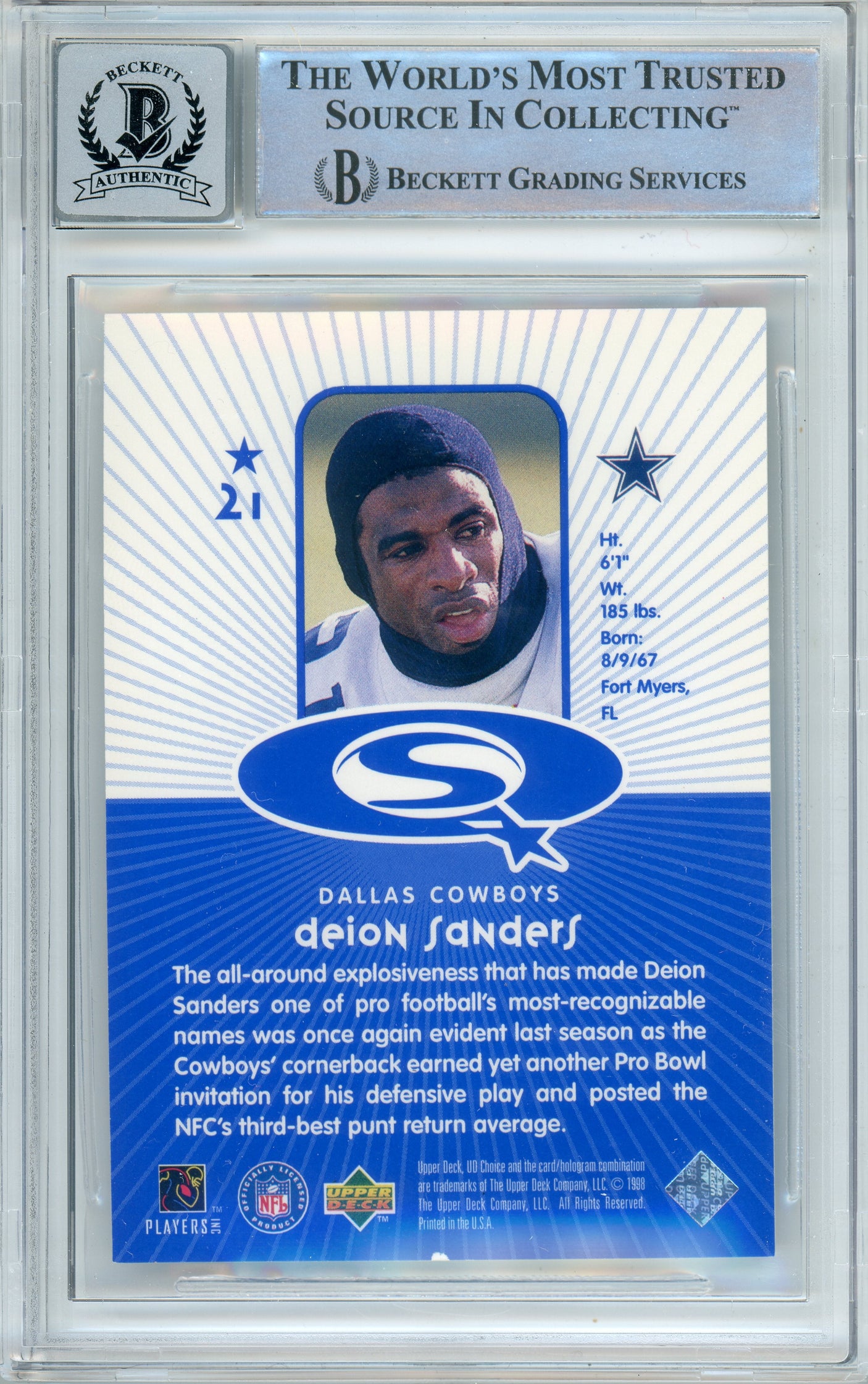 1998 Upper Deck Choice StarQuest #21 Deion Sanders Dallas Cowboys BGS Auto 10