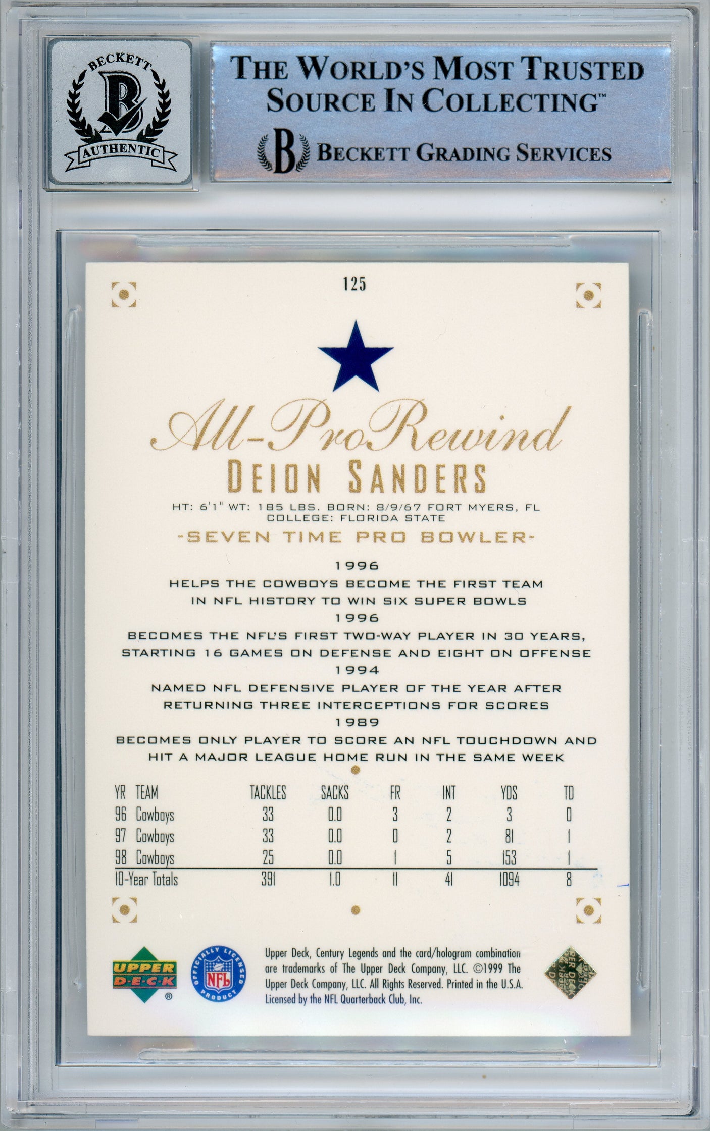 1999 UD Century Legends #125 Deion Sanders Dallas Cowboys BGS Autograph 10