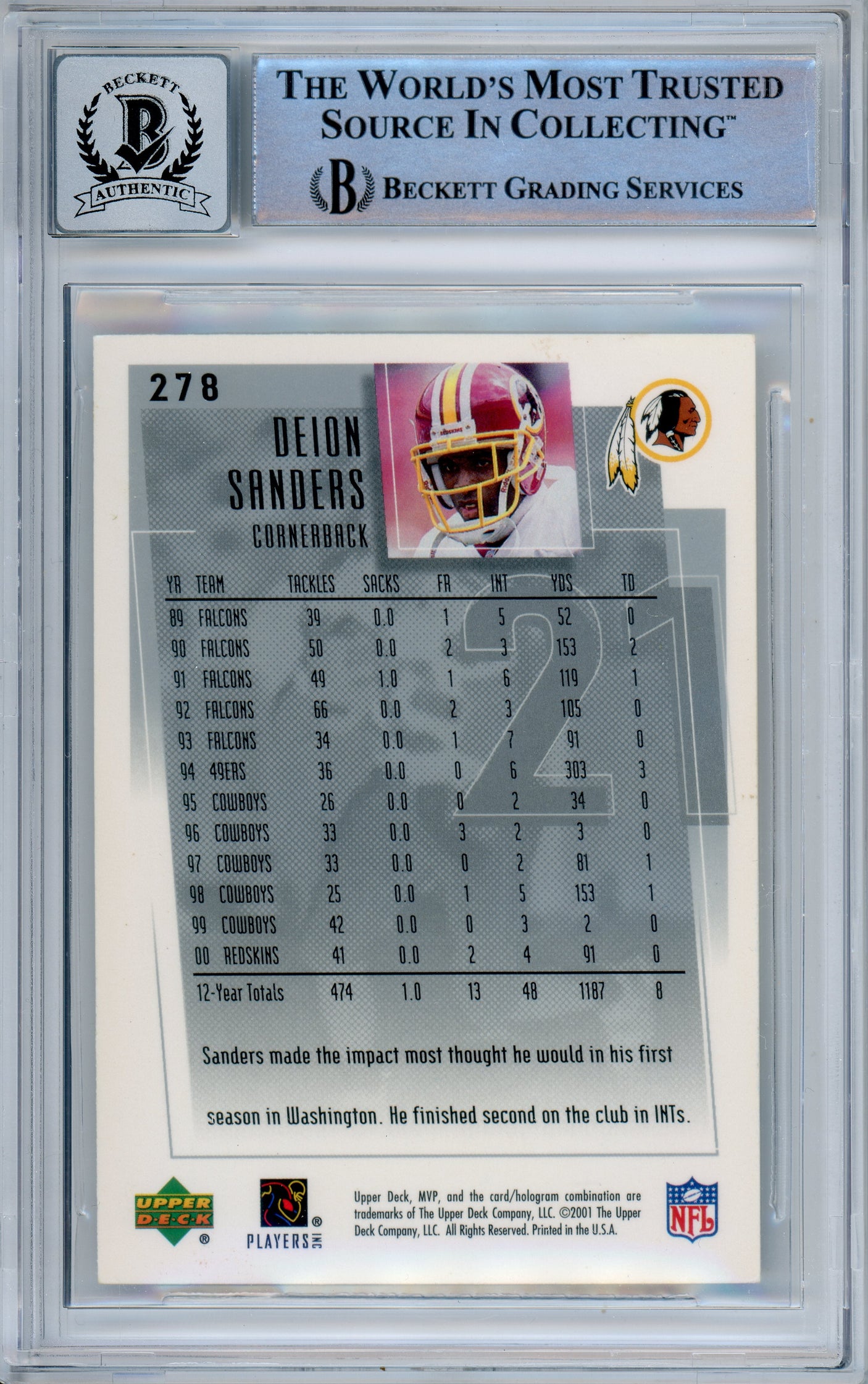2001 Upper Deck MVP #278 Deion Sanders Washington Commanders BGS Autograph 10