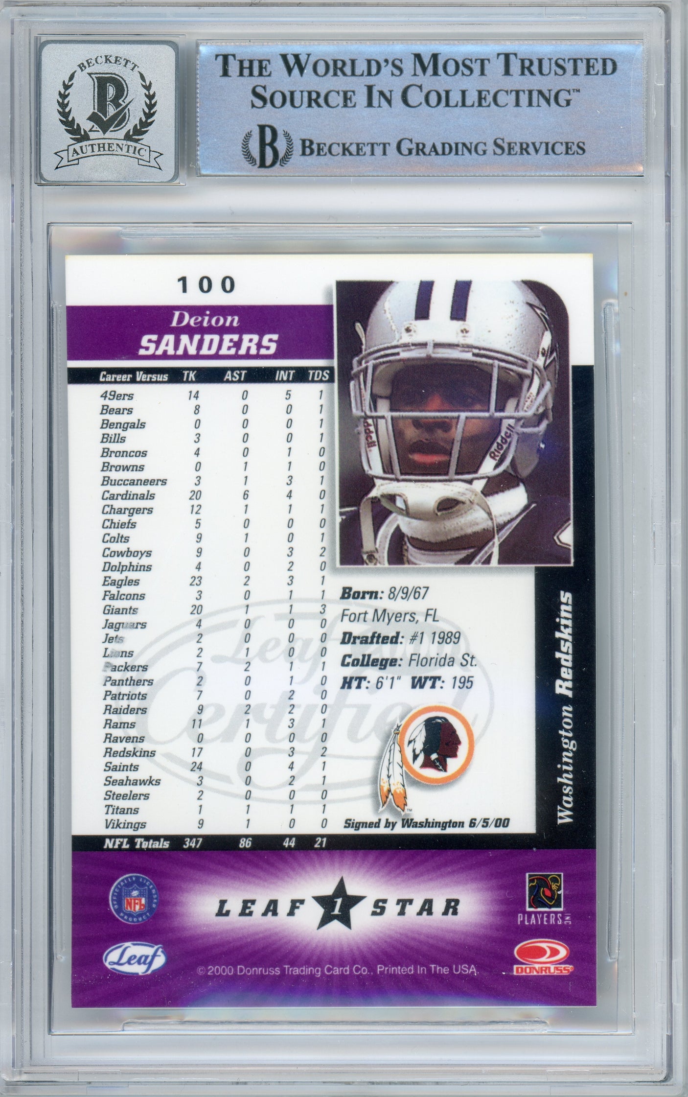 2000 Leaf Certified #100 Deion Sanders Dallas Cowboys BGS Autograph 10