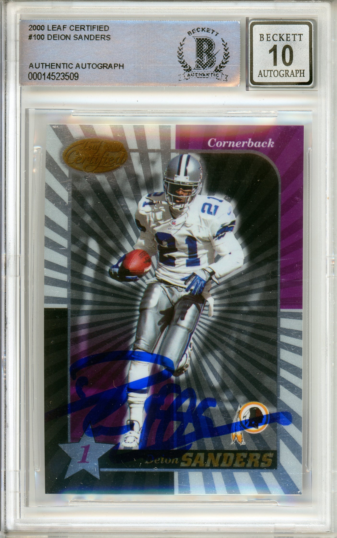 2000 Leaf Certified #100 Deion Sanders Dallas Cowboys BGS Autograph 10