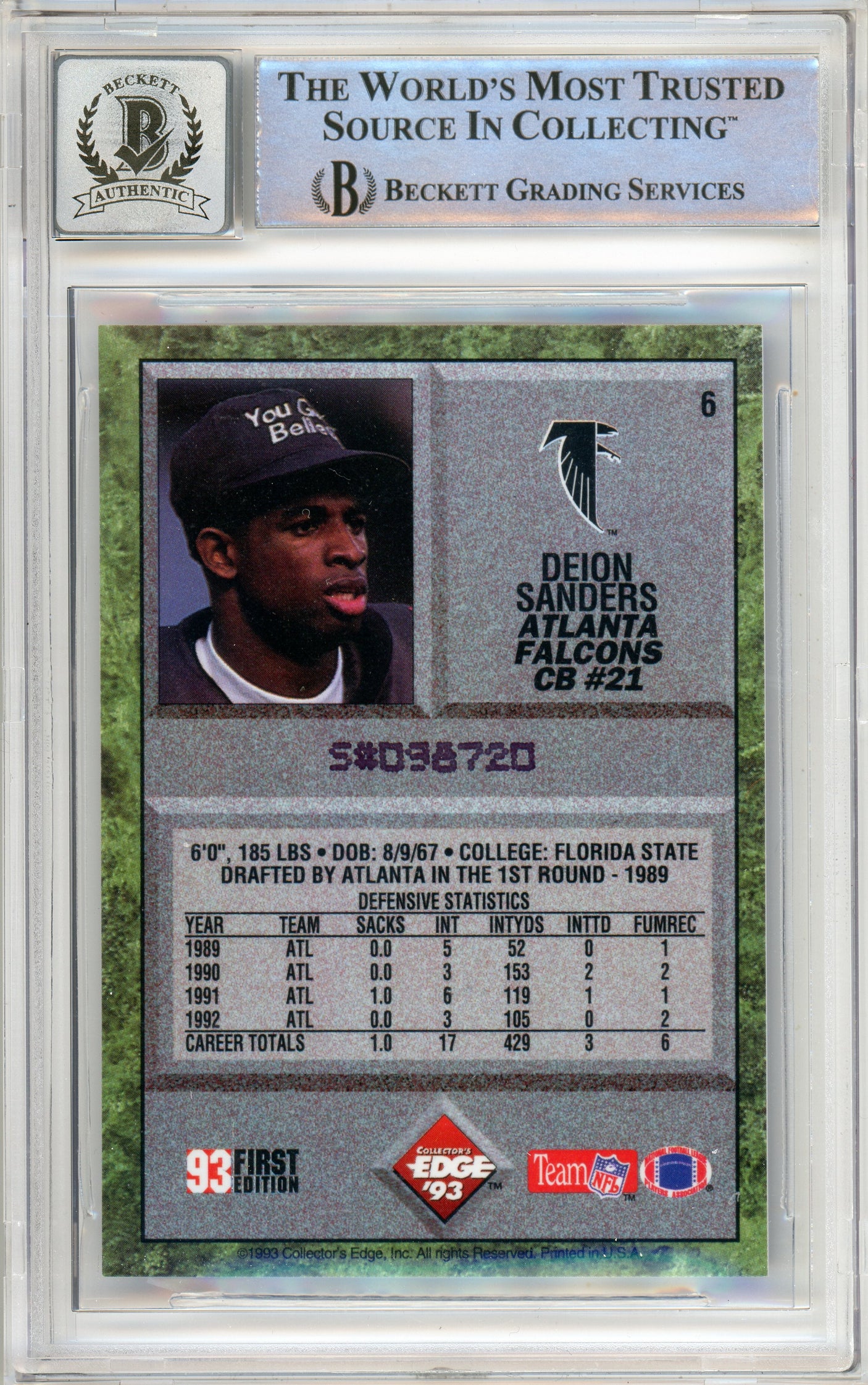 1993 Collector's Edge #6 Deion Sanders Atlanta Falcons BGS Autograph 10