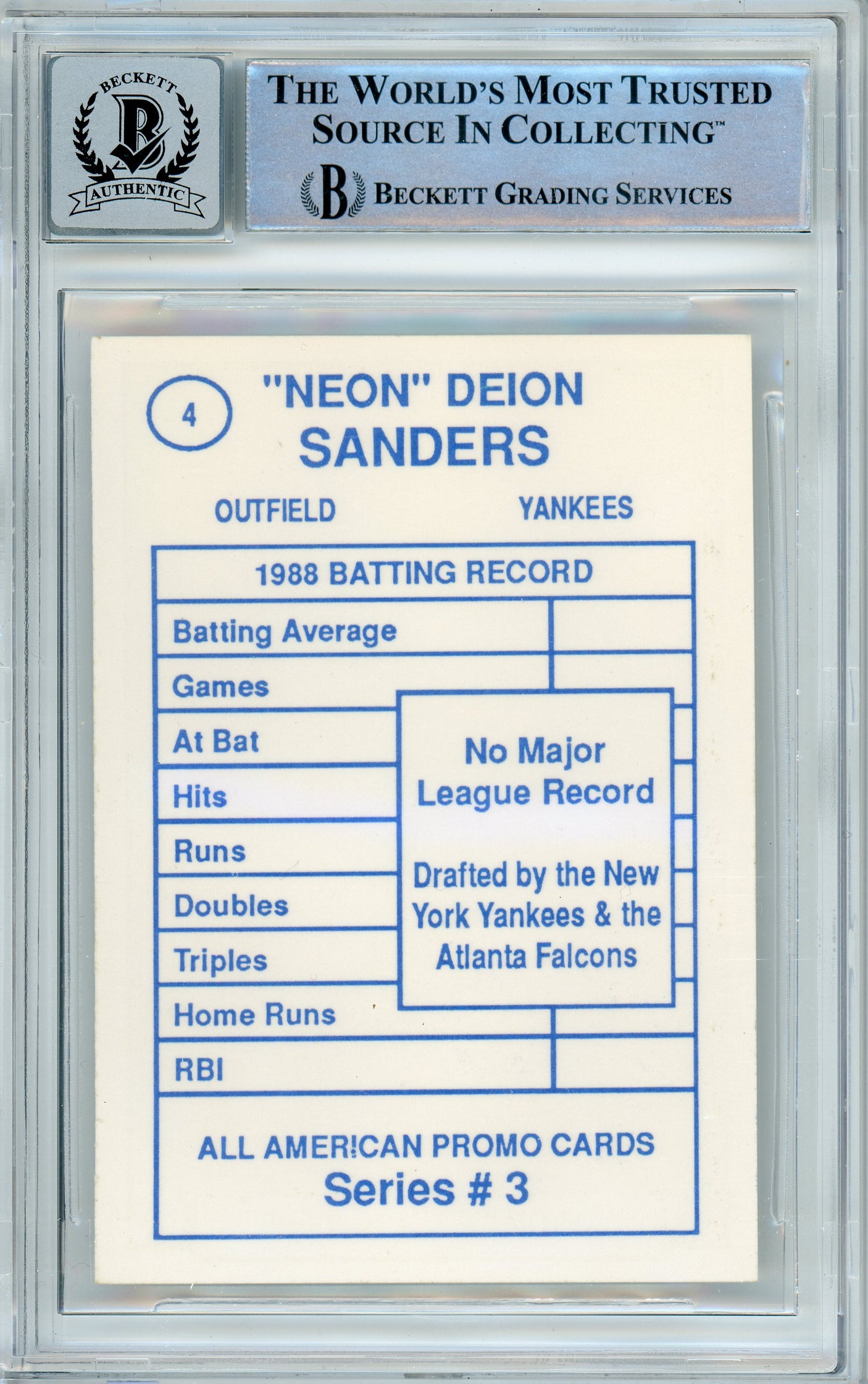 1989 All-American Promo Series 3 #4 Deion Sanders New York Yankees BGS Auto 10