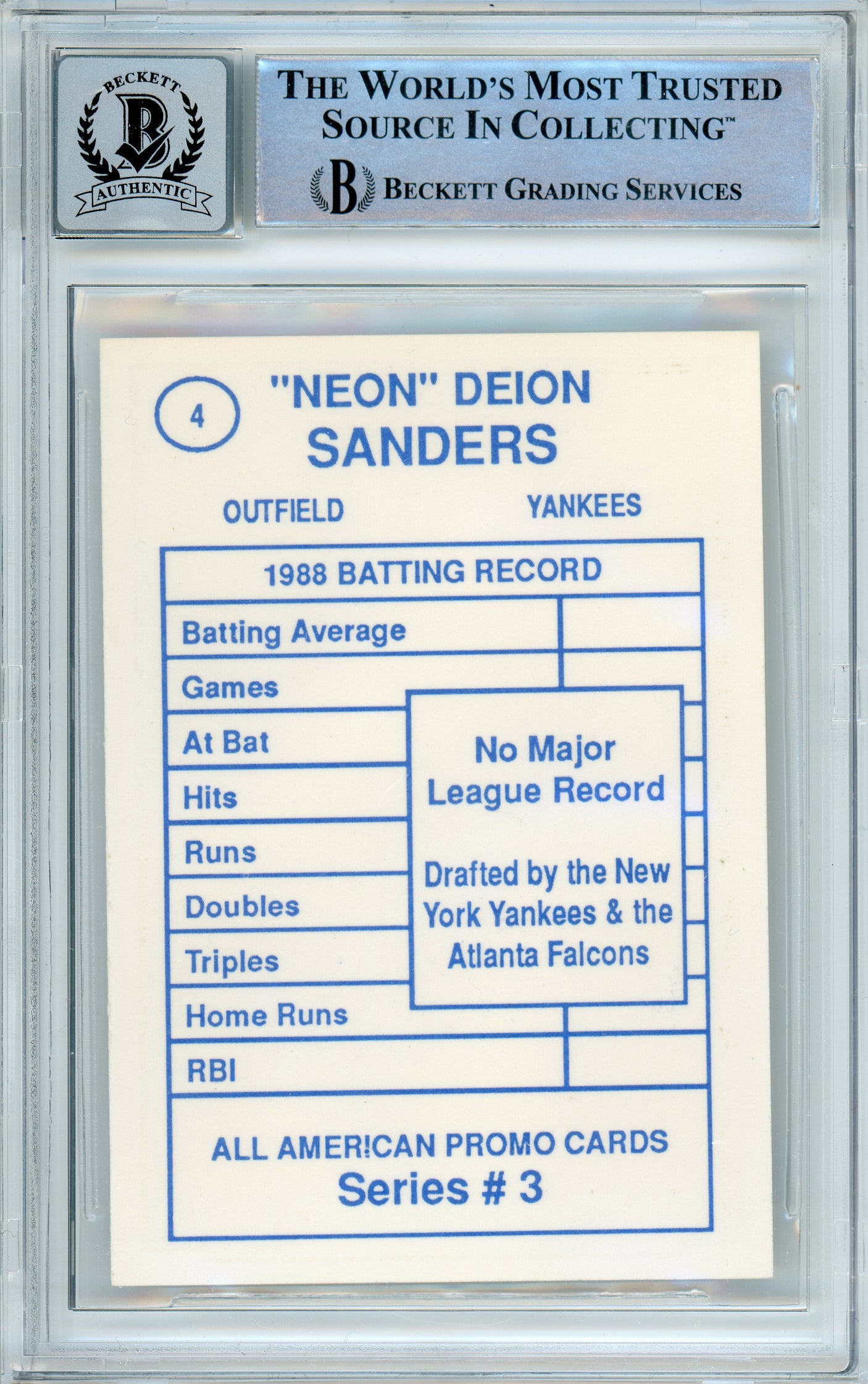 1989 All-American Promo Series 3 #4 Deion Sanders New York Yankees BGS Auto 10
