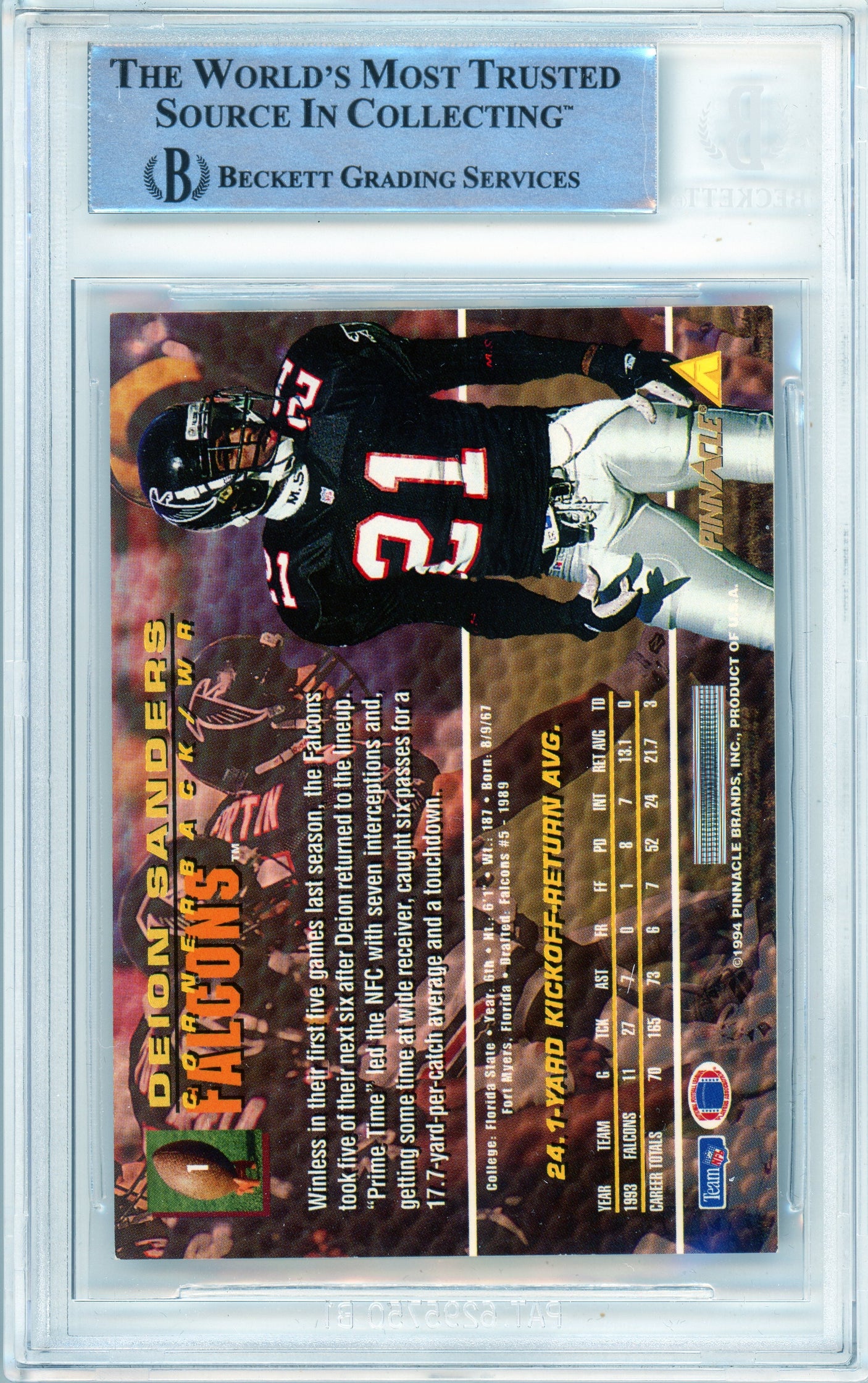 1994 Pinnacle Trophy Collection #1 Deion Sanders Atlanta Falcons BGS Auto 10