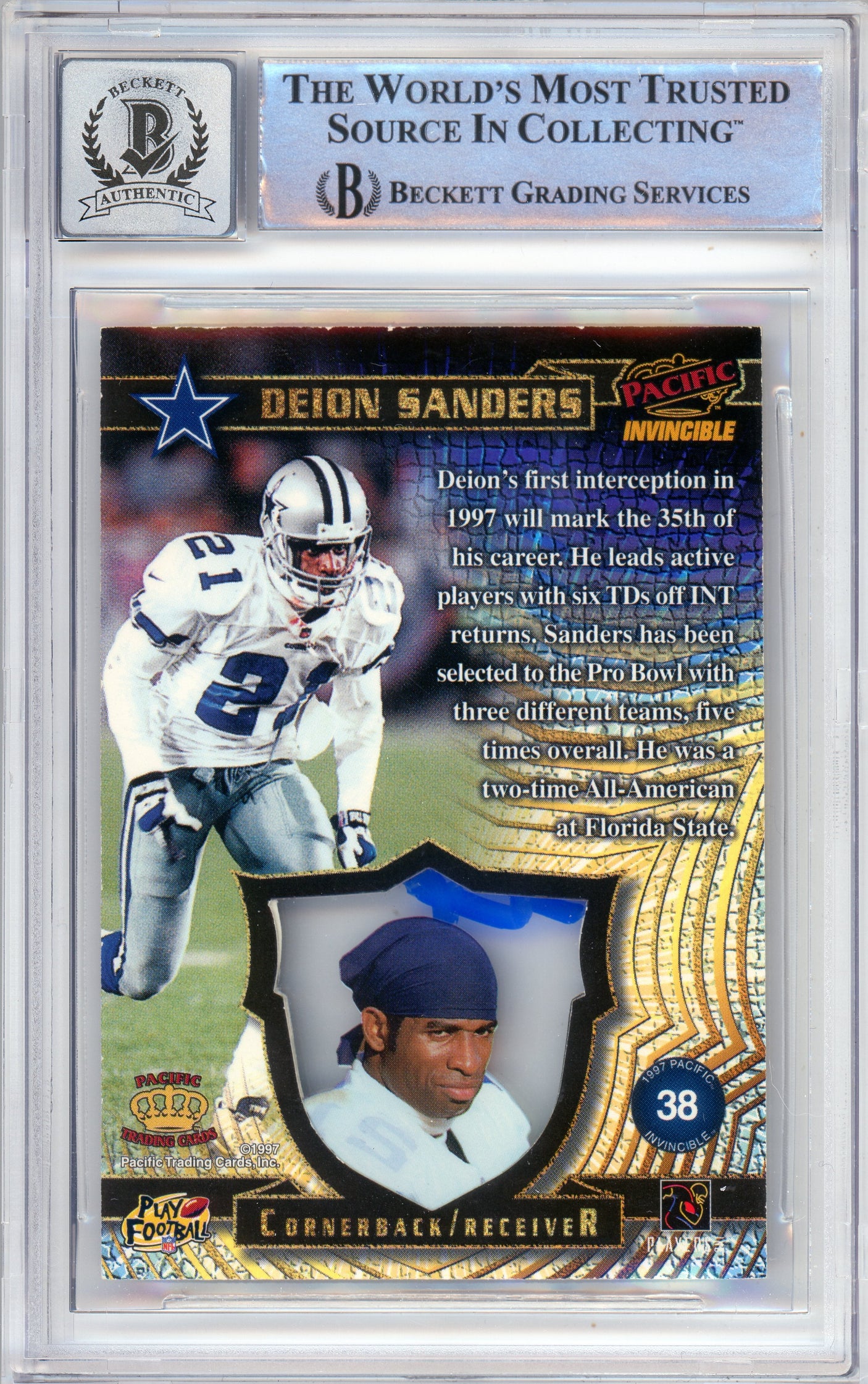 1996 Pacific Invincible #36 Deion Sanders Dallas Cowboys BGS Autograph 10