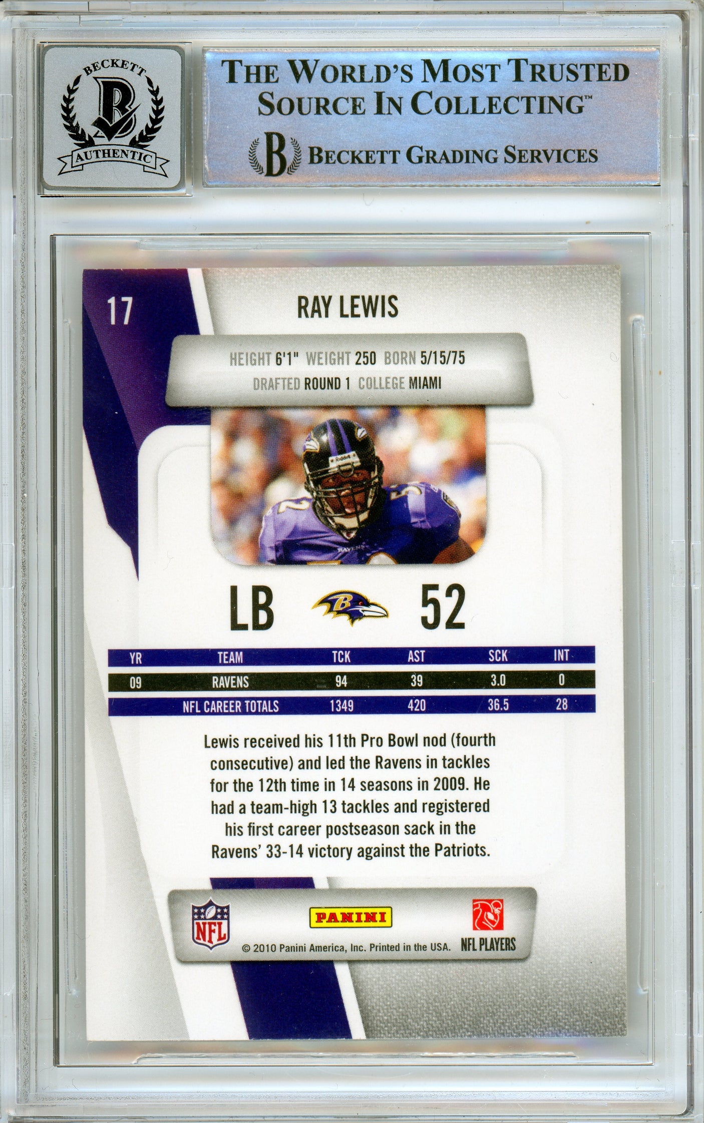 2010 Panini Prestige #17 Ray Lewis Baltimore Ravens BGS Autograph 10