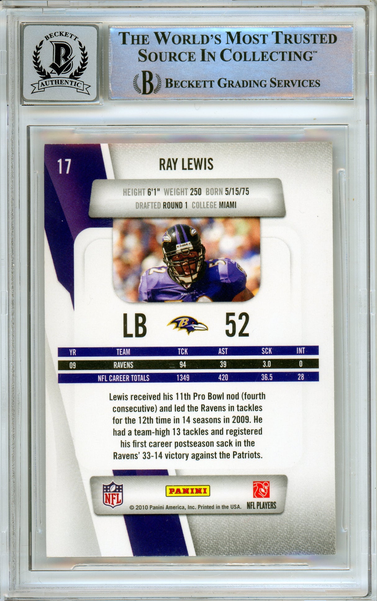 2010 Panini Prestige #17 Ray Lewis Baltimore Ravens BGS Autograph 10
