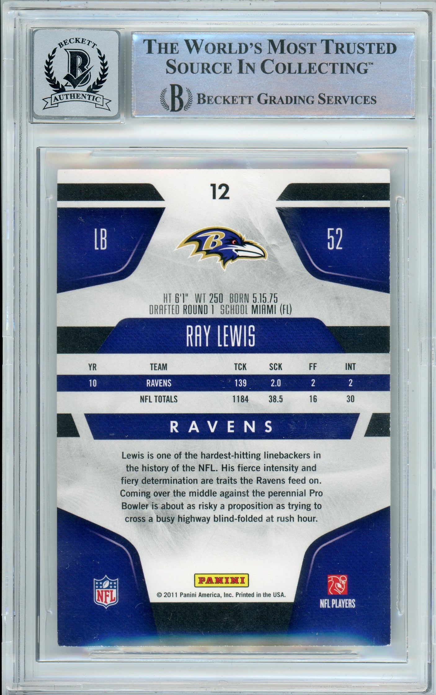2011 Panini Certified #12 Ray Lewis Baltimore Ravens BGS Autograph 10